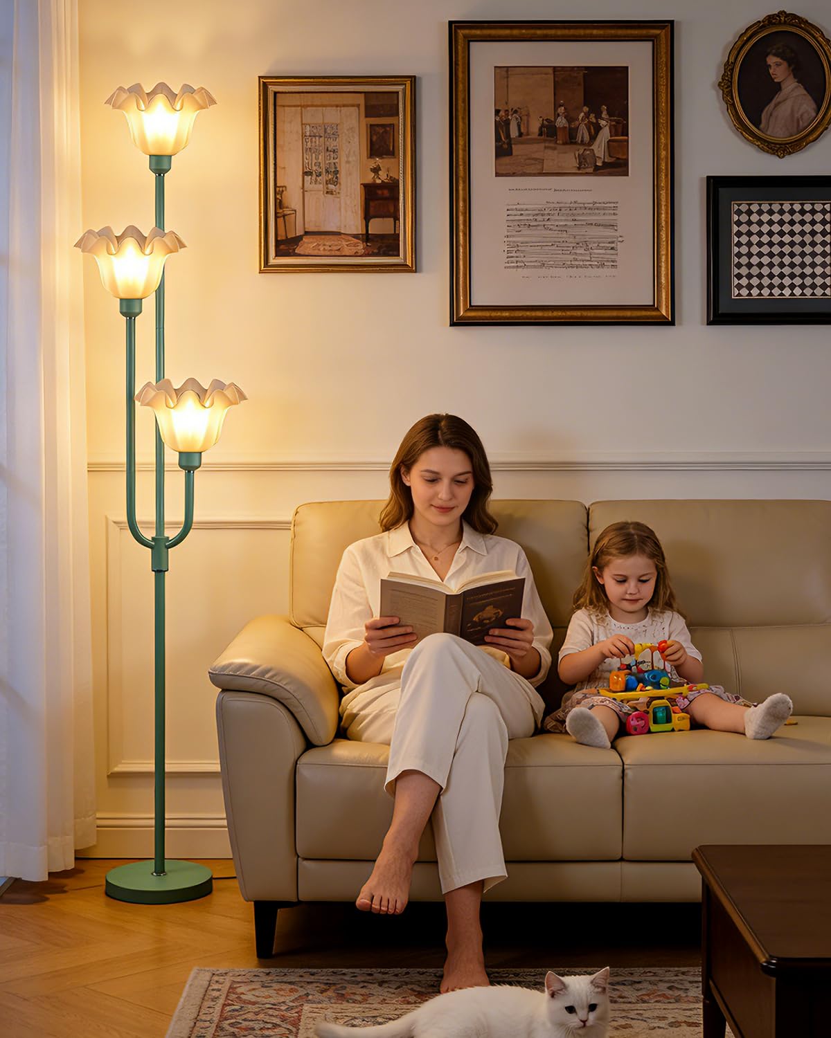 66 Inch Flower Green Floor Lamp Bedroom Office, 3-Light Mid Century Standing Lamp with 3000K Warm White LED Bulbs