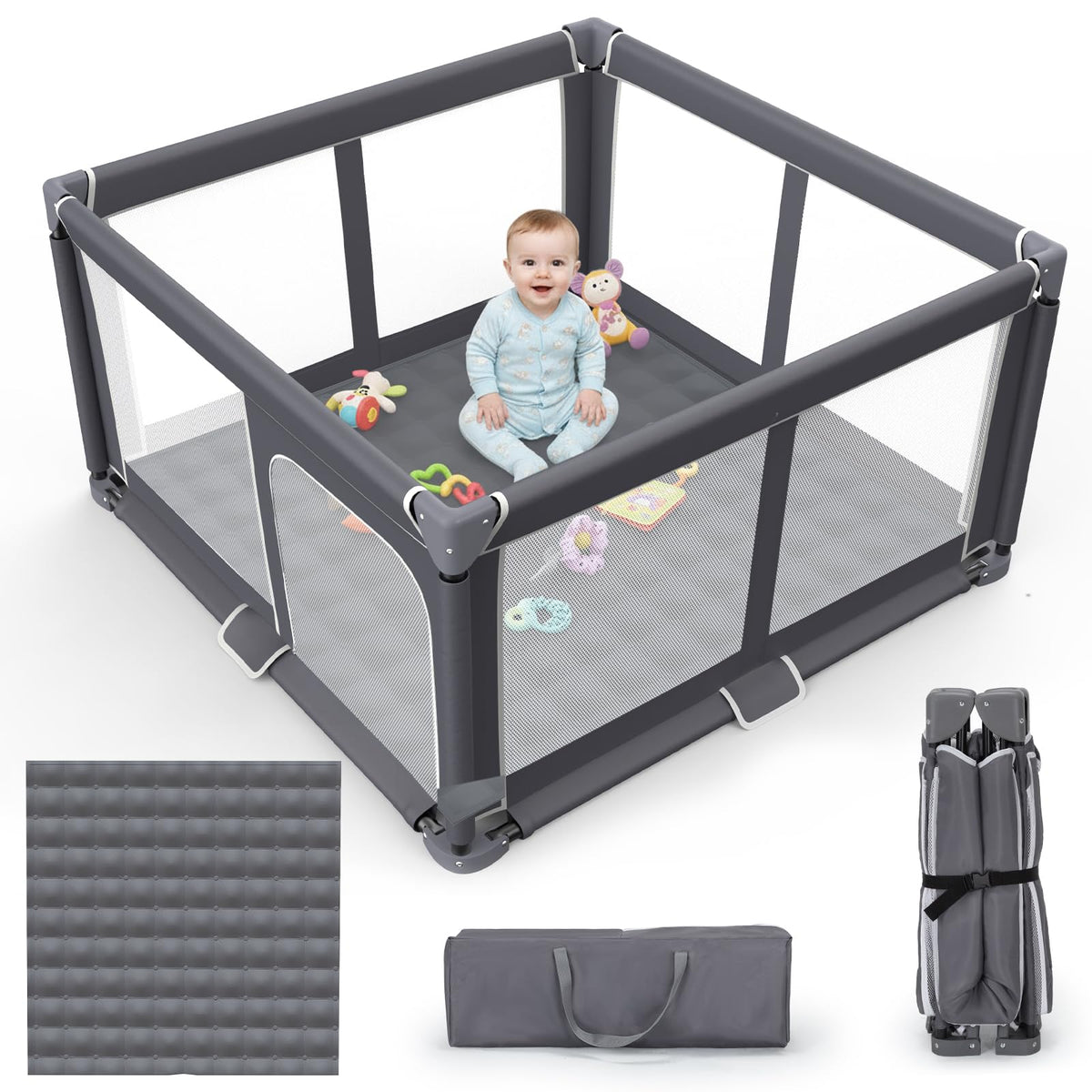 Foldable Baby Playpen with Mat, 50"x50" Safety Play Yard for Babies & Toddlers - Indoor & Outdoor Use with Carry Bag
