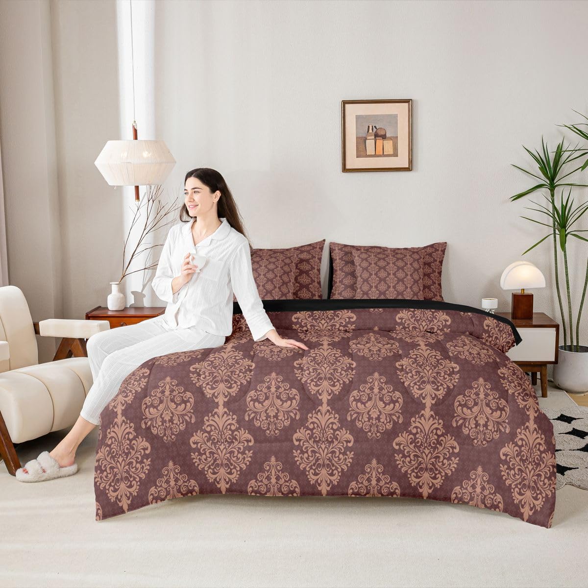 Brown Gothic Comforter Set with Sheets 7 Piece Exotic Floral Damask Bed in A Bag Baroque Vintage Flowers