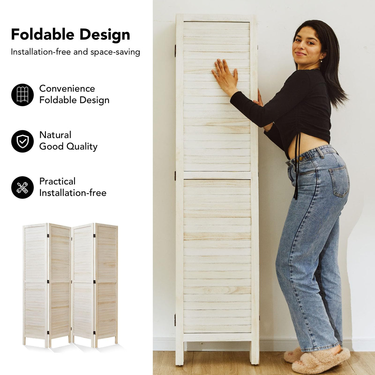 White Room Divider, Temporary Wall with Double Hinges, 5.6 Ft Tall Folding Louver Wood Screen Bedroom Hotel
