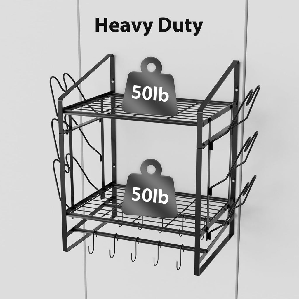 17 Inch Pot Rack Wall Mounted, 2 Tier Pots and Pans Organizer with 10 Hooks and 6 Pot Lid Holders, Heavy Duty Steel