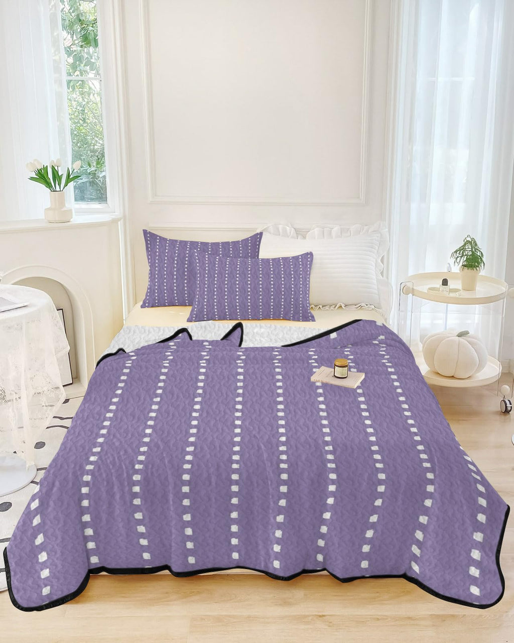 Lilac Ticking Quilt Set 3 Pieces Quilted Bedspread- Soft, Pastel Dreamy Undertone Lightweight Quilt with