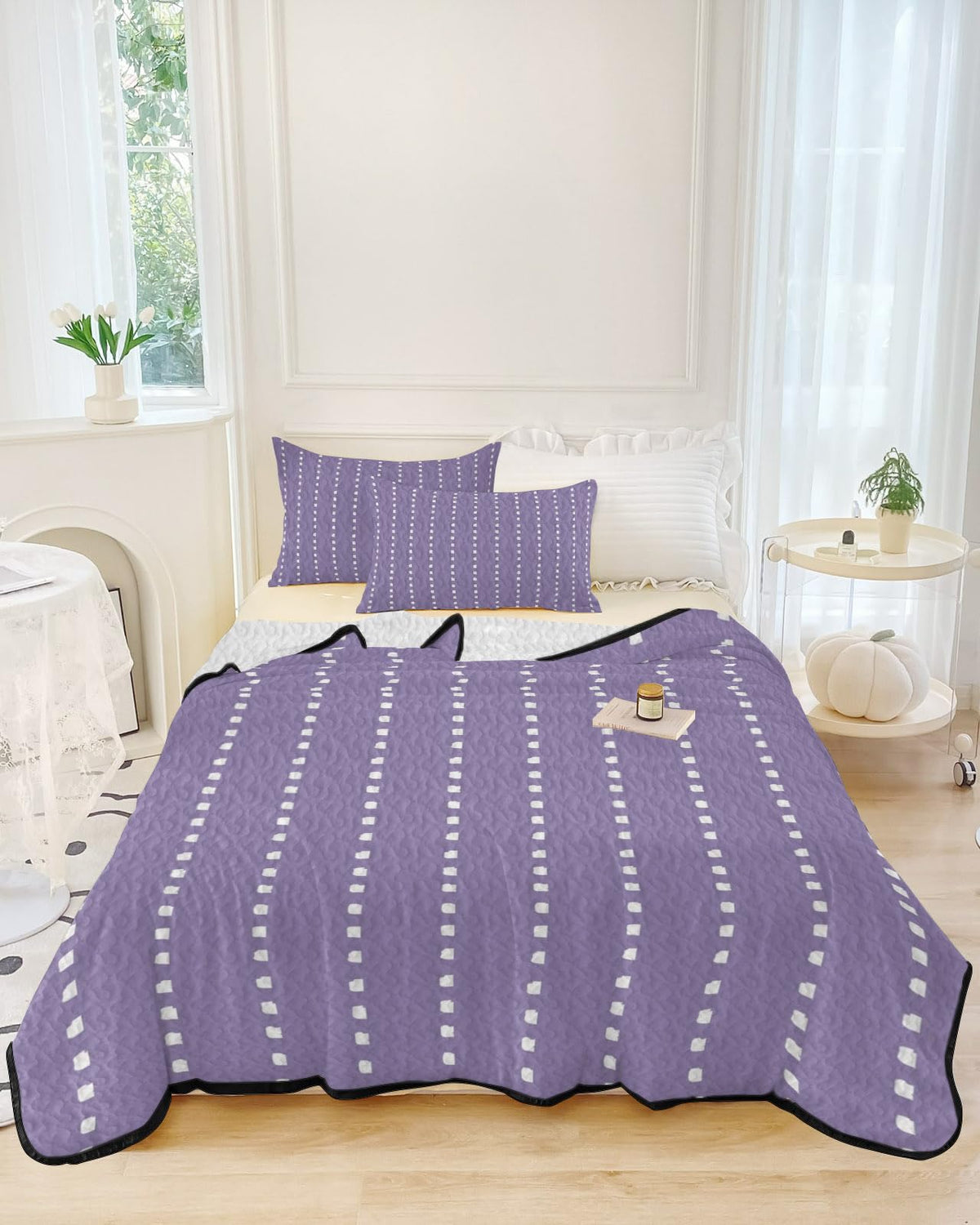 Lilac Ticking Quilt Set 3 Pieces Quilted Bedspread- Soft, Pastel Dreamy Undertone Lightweight Quilt with