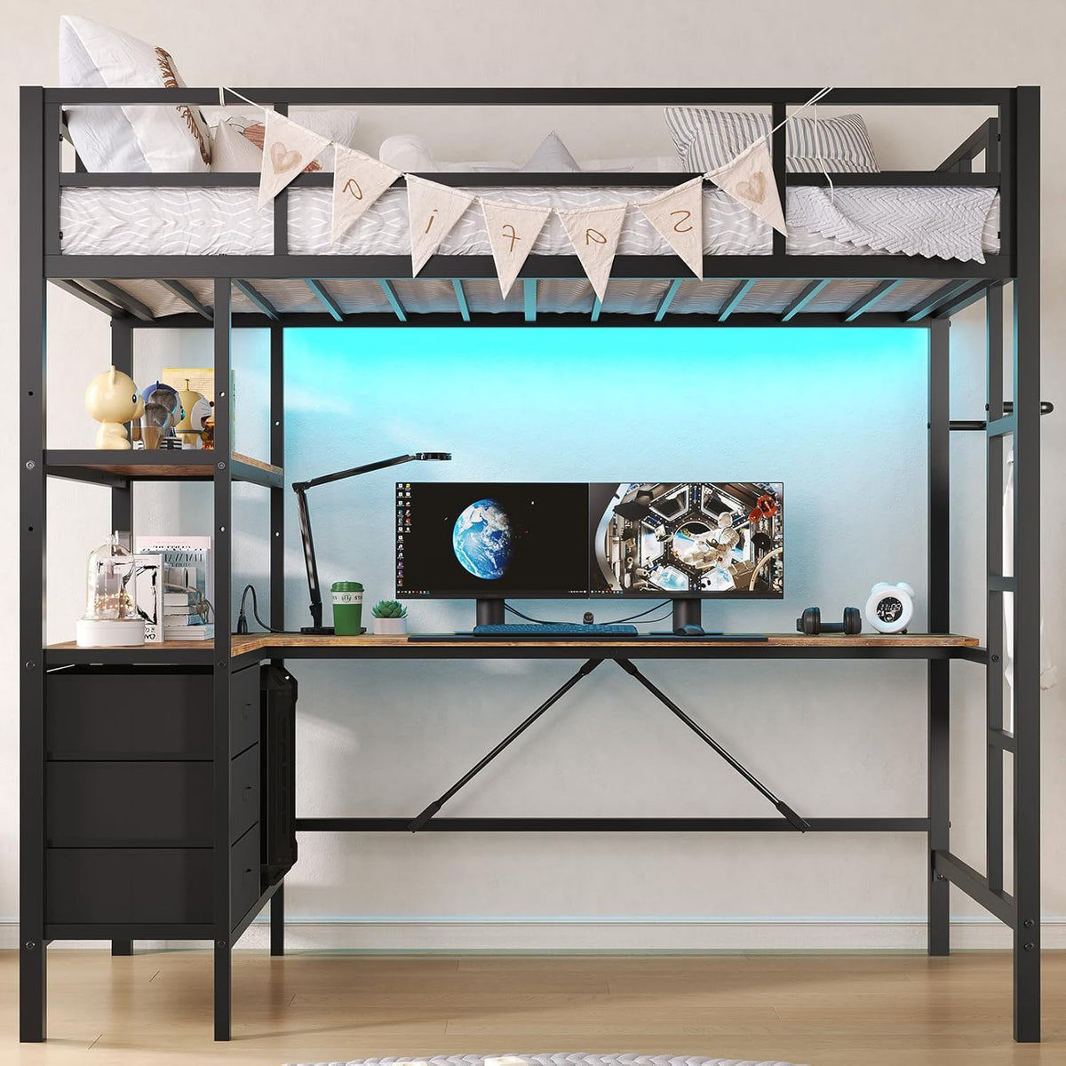 Twin Loft Bed with L-Shaped Desk, LED Lights,Charging Station LED Metal Kids Loft Bed Twin with 3 Storage Shelves and