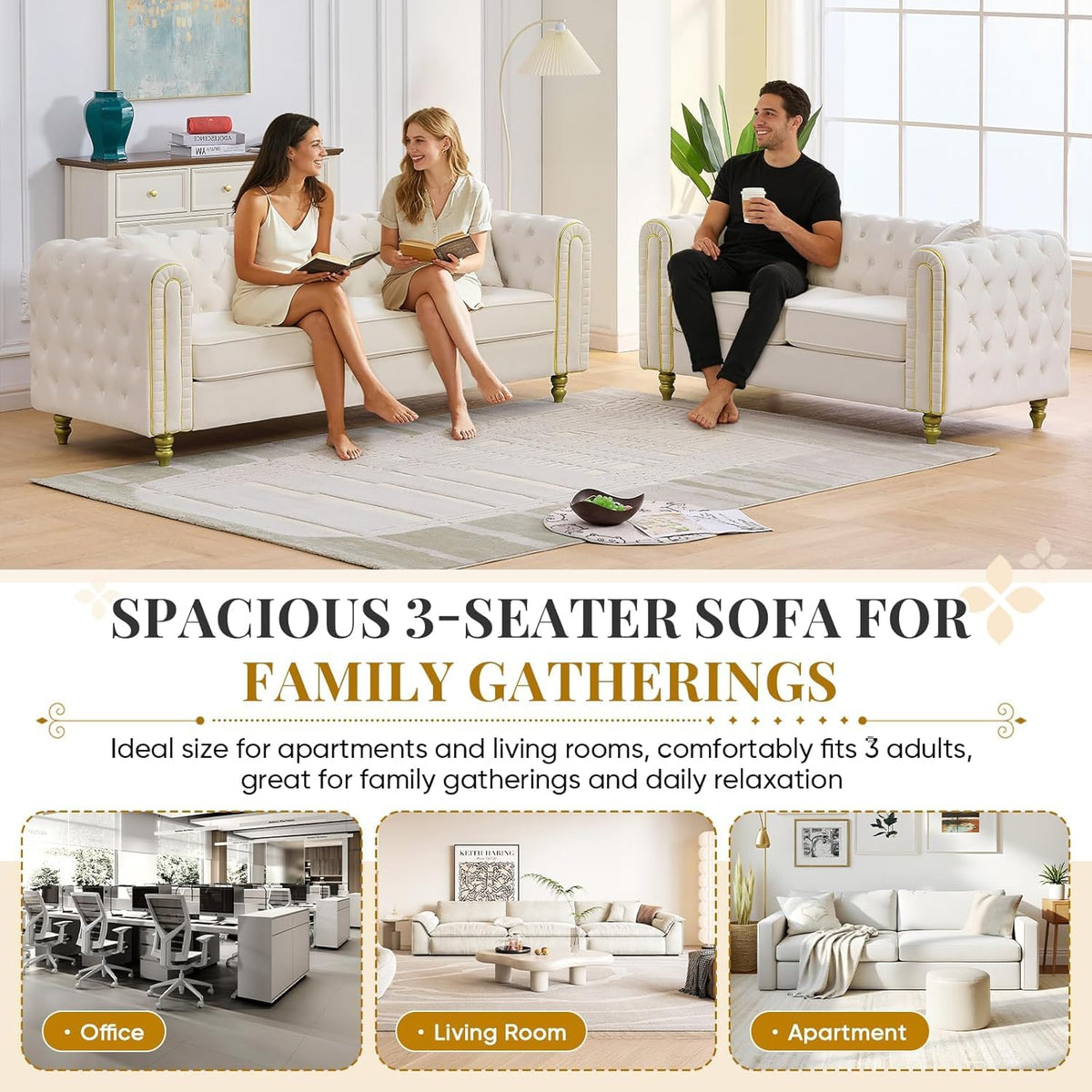 Chesterfield Button Tufted Sofa Set of 2, Modern Deep Seat Loveseat + 3 Seater Couch with Golden Legs, Upholstered