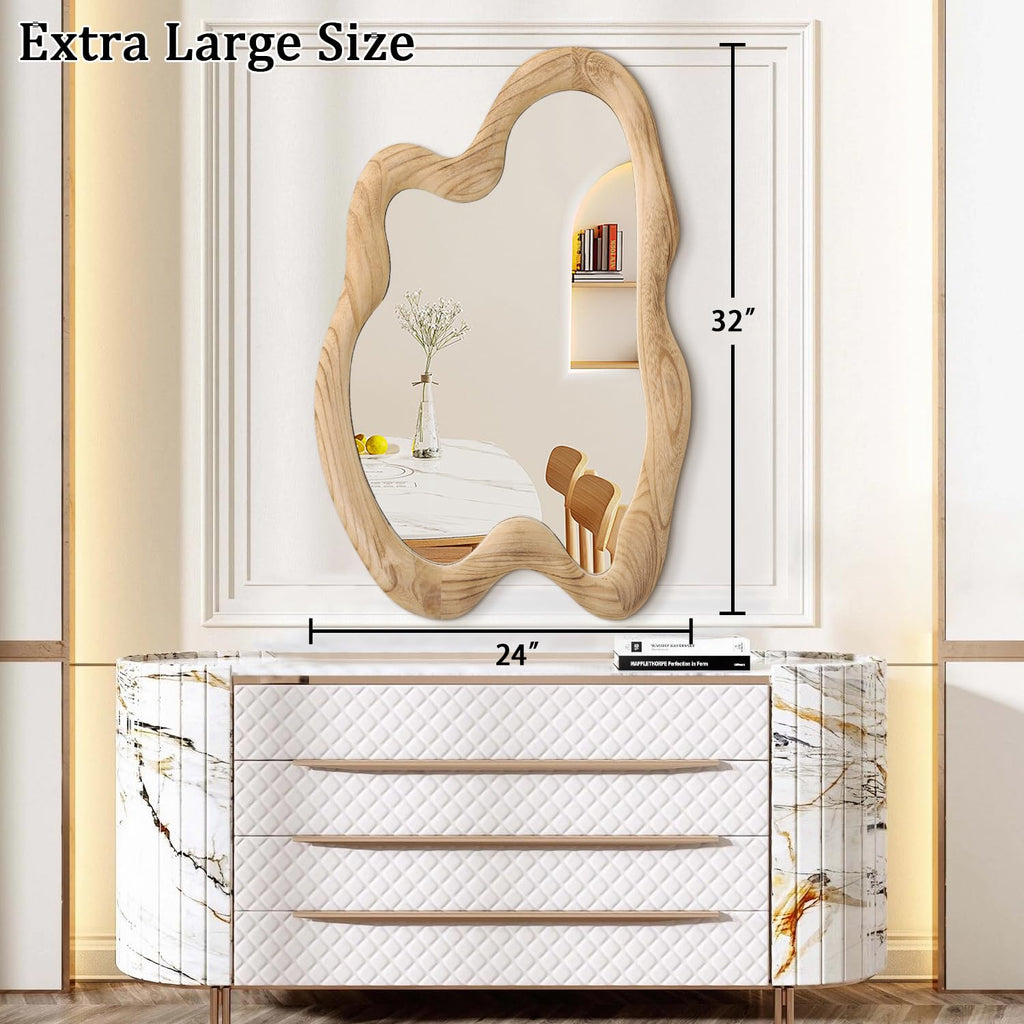 Large Rustic Wall Mirror with Wooden Frame Irregular Wall Mirror 32"x24" Decorative Asymmetrical Hanging Mirror