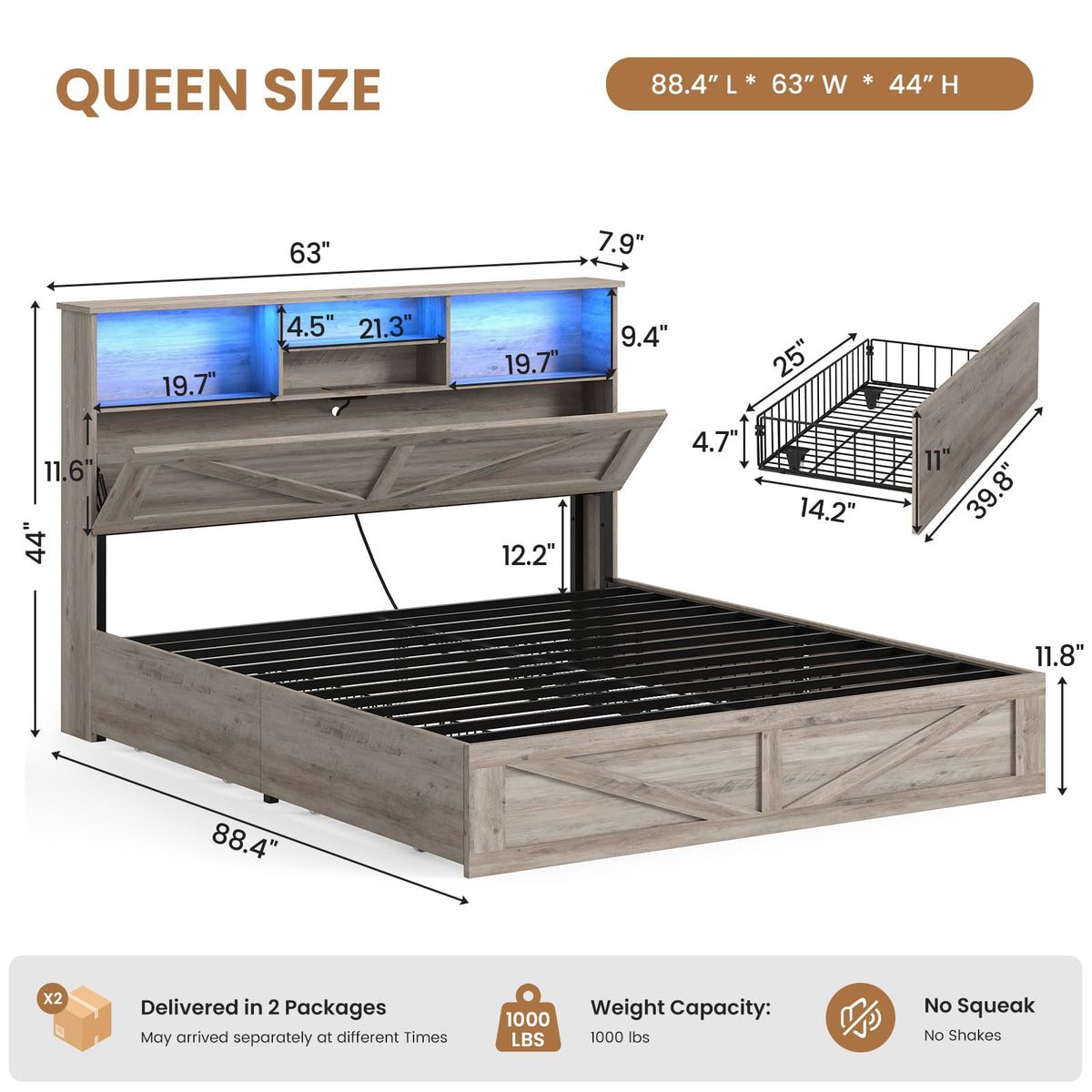 Farmhouse Bed Frame with 4 Storage Drawers and Led Lights, Wooden Bed Frame with Hidden Space