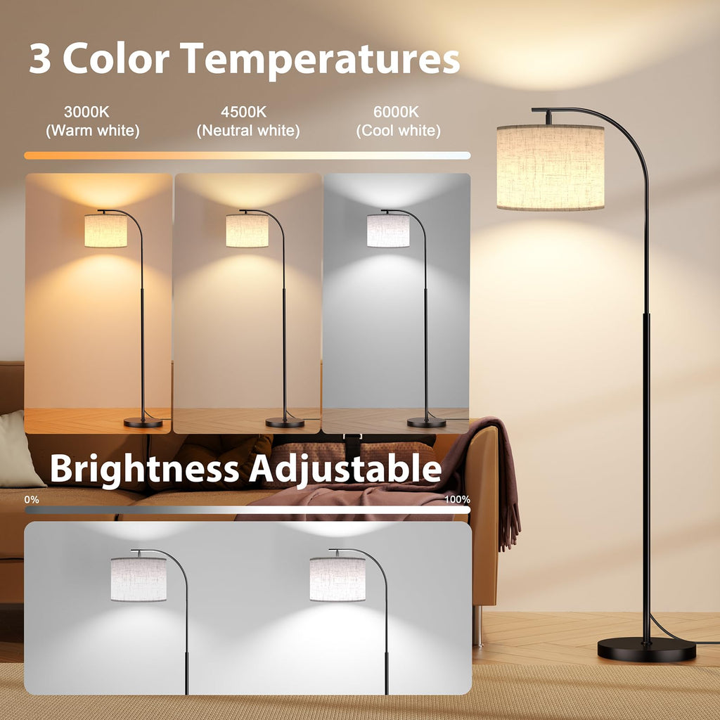 Floor Lamp with Linen Shade, Arc Dimmable Tall Standing Lamp with Remote Control, Modern Floor Reading Light Bedroom