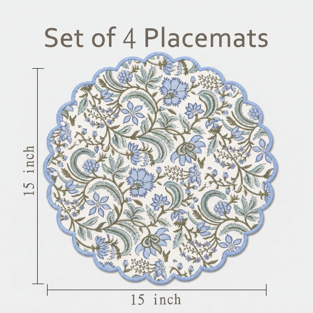 Floral Block Print Round Placemats 15 Inch, Set of 4, Columbia Blue