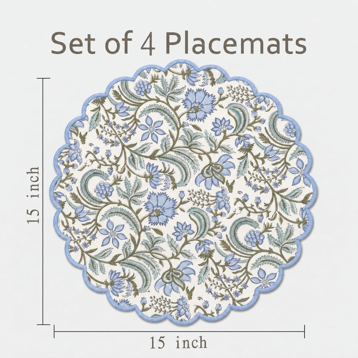Floral Block Print Round Placemats 15 Inch, Set of 4, Columbia Blue