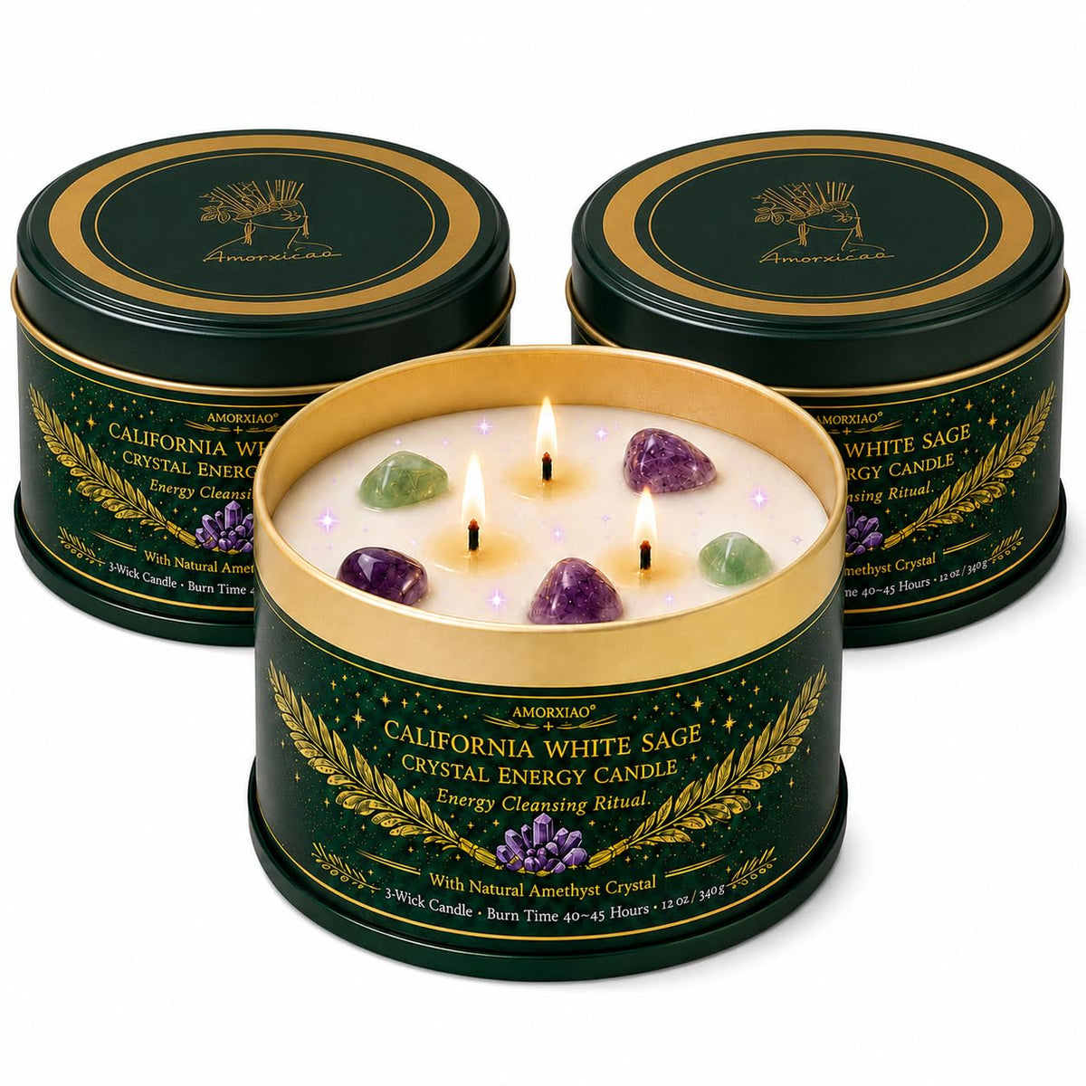 Sage Candle for Cleansing, 3 Pack Scented Candle Soy Candles with Crystals