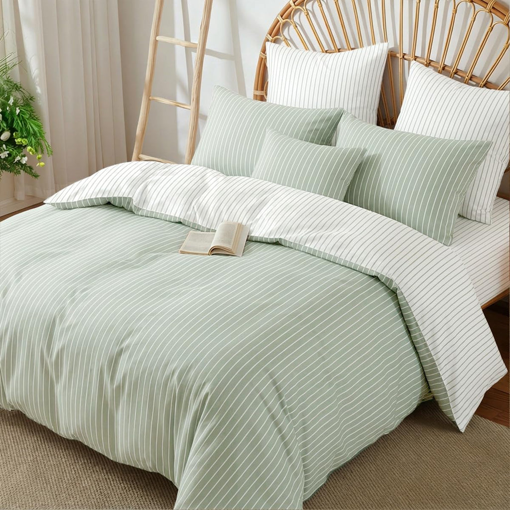 Striped Duvet Cover Cotton Bedding Set 3 Pieces Green White