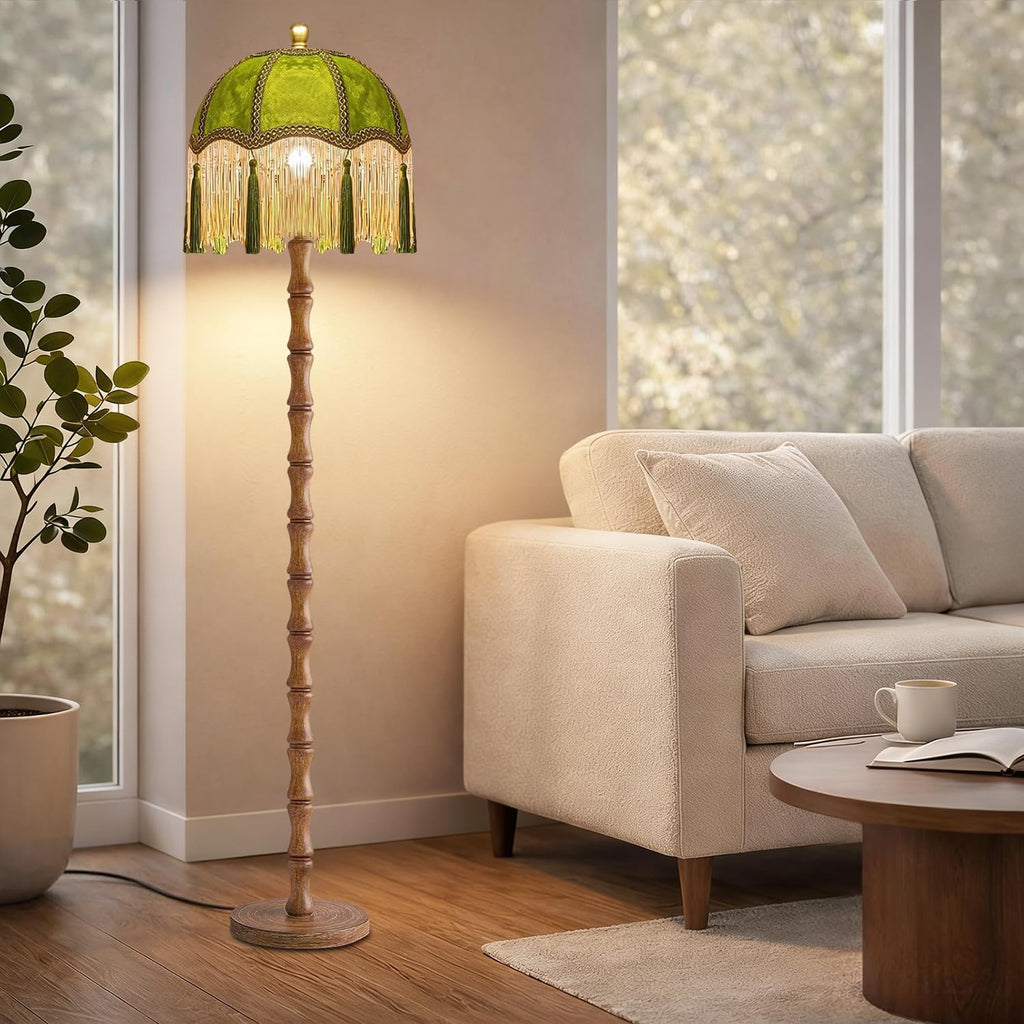 Vintage Floor Lamp, Fringe Standing Lamp with Remote Dimmable, Green Mid Century Gold Tall Lamp Boho Retro Wood Tassel
