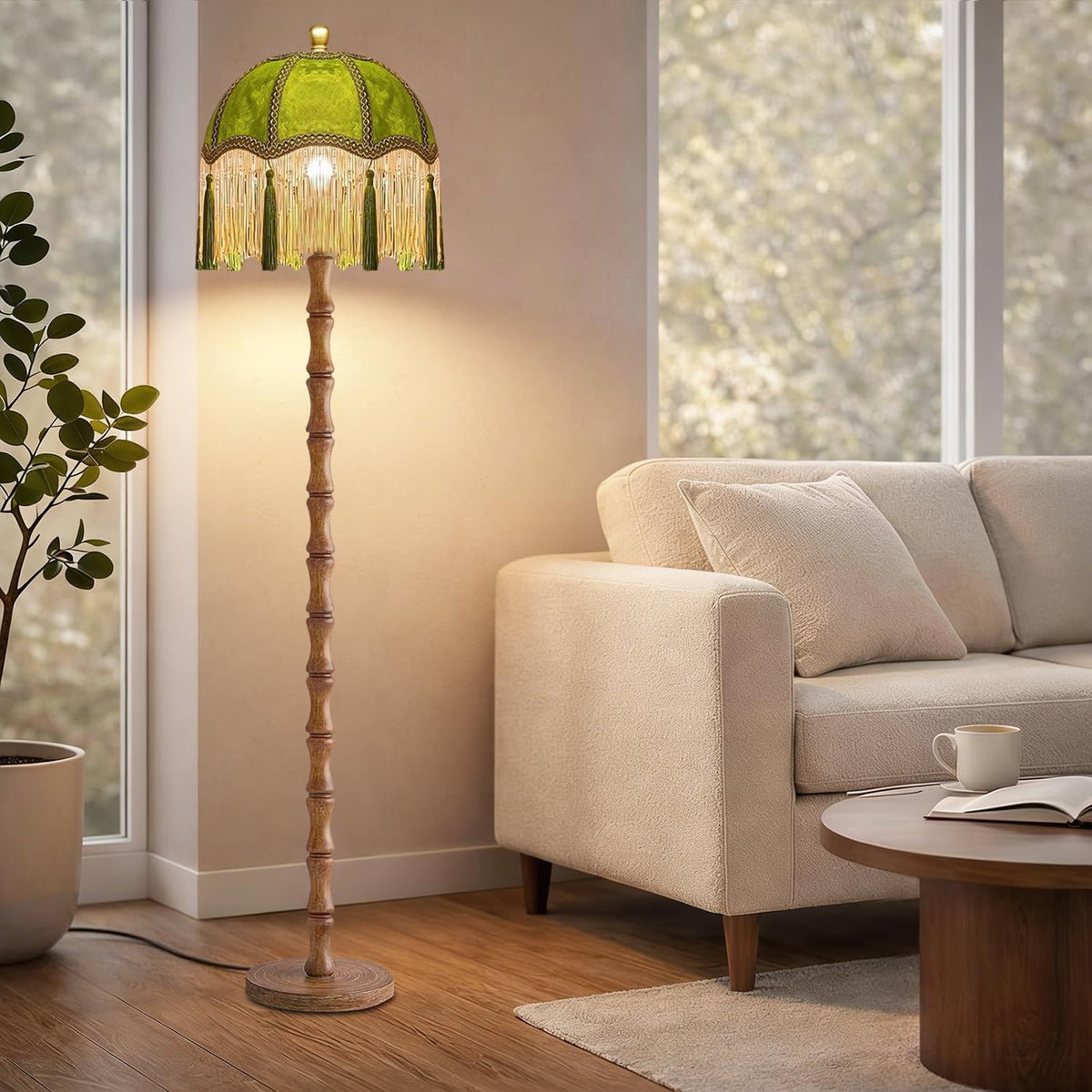 Vintage Floor Lamp, Fringe Standing Lamp with Remote Dimmable, Green Mid Century Gold Tall Lamp Boho Retro Wood Tassel