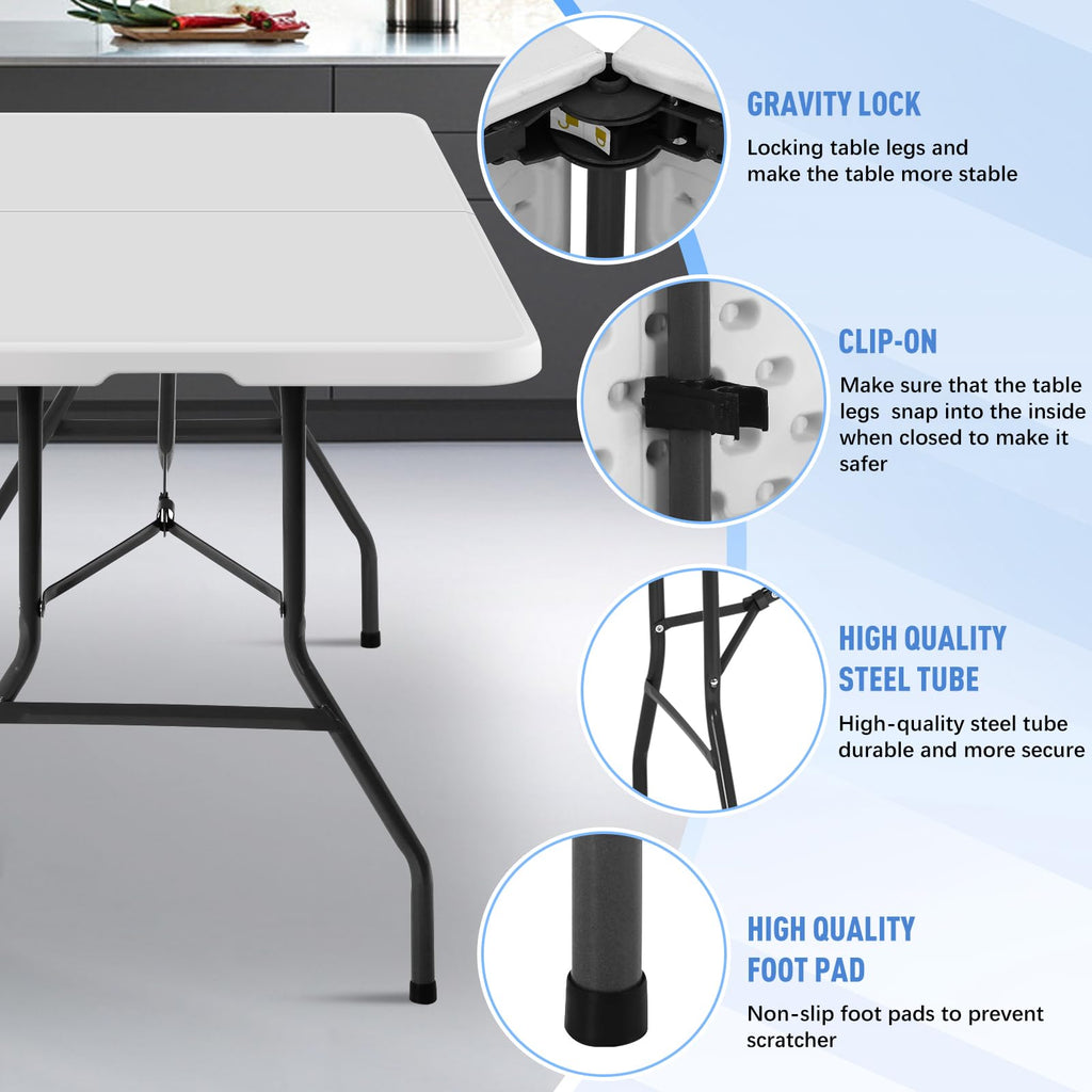 6FT Folding Table, Heavy Duty Plastic Table Portable Fold-in-Half Utility Table Indoor Outdoor Picnic Table w/Handle