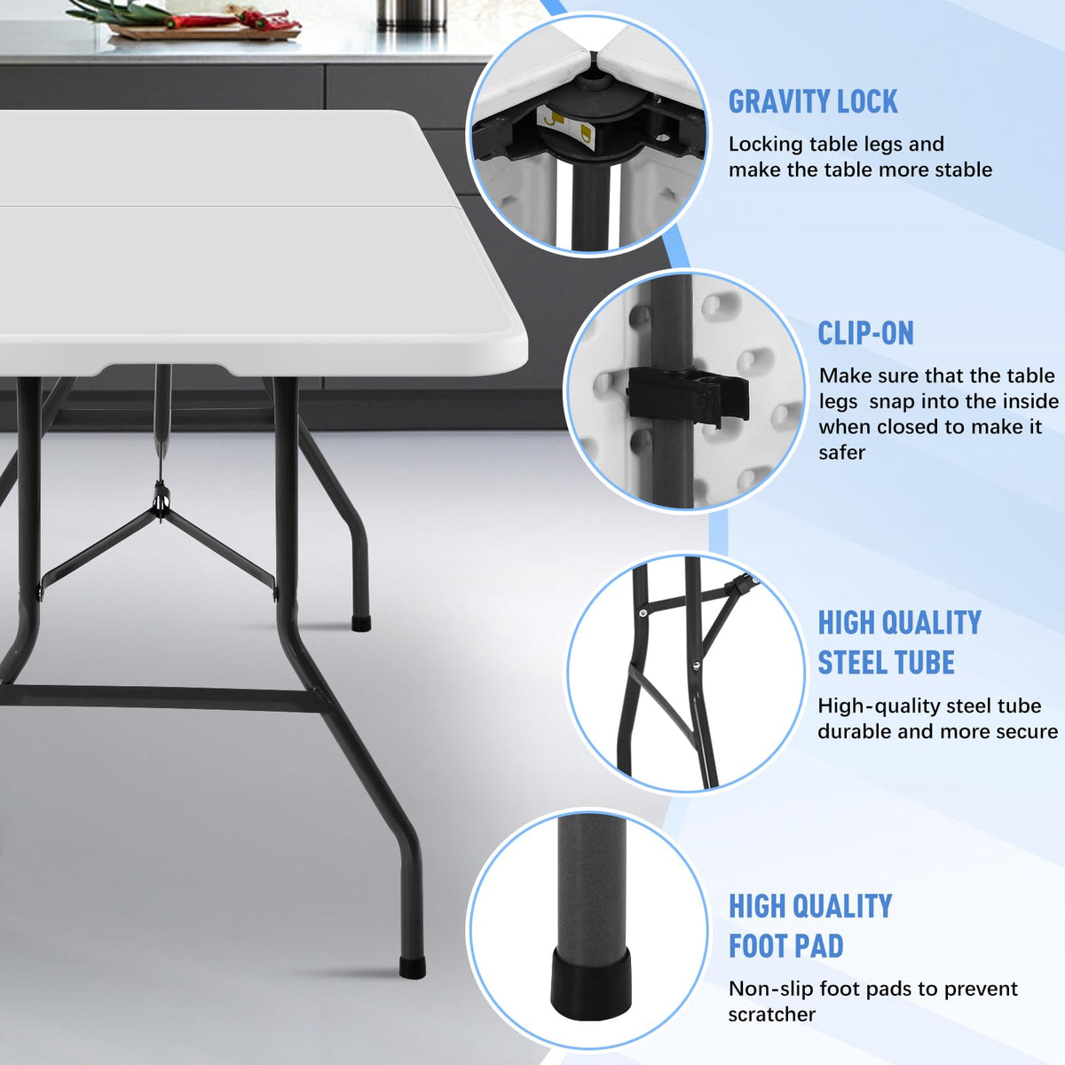 6FT Folding Table, Heavy Duty Plastic Table Portable Fold-in-Half Utility Table Indoor Outdoor Picnic Table w/Handle