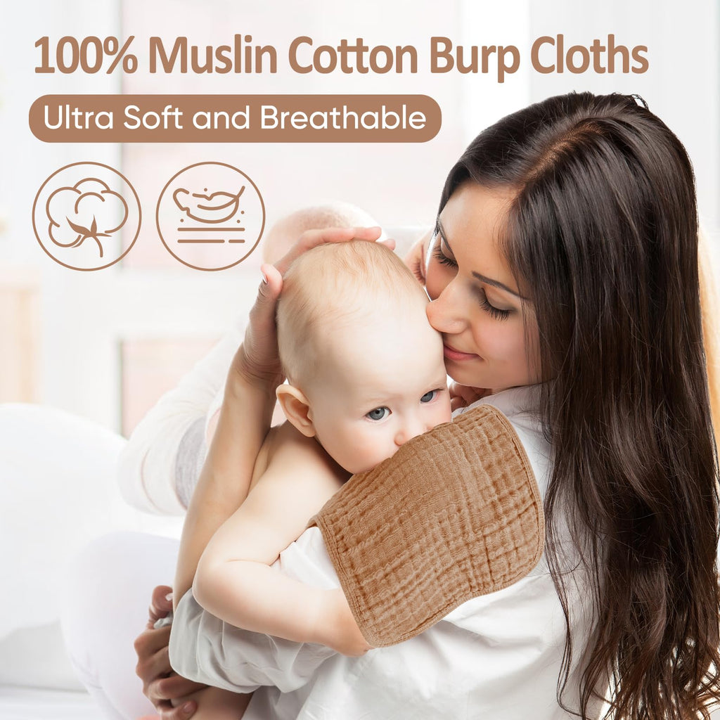 Muslin Burp Cloths 100% Cotton Pack of 12. Soft, Gentle & Absorbent Baby Burp Cloths for Baby Girl & Boys.