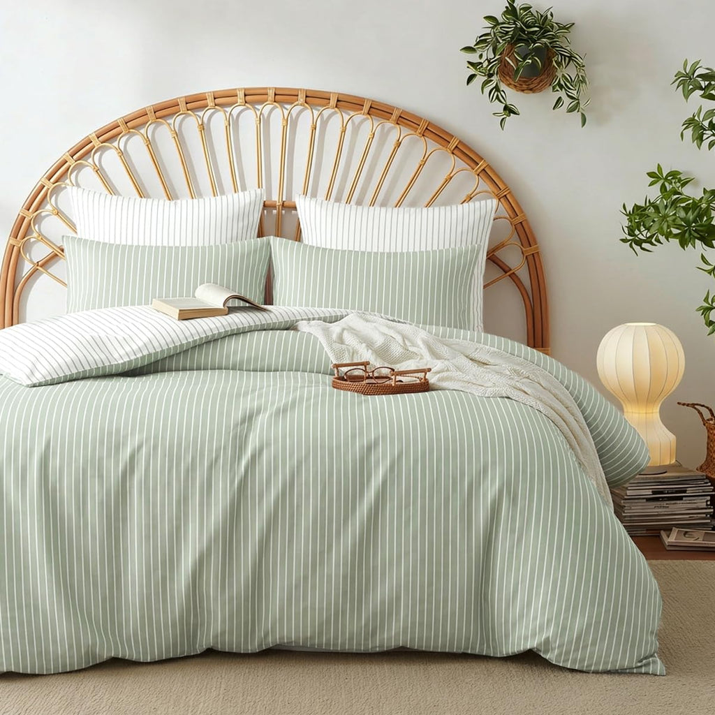 Striped Duvet Cover Cotton Bedding Set 3 Pieces Green White