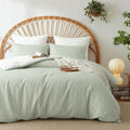 Striped Duvet Cover Cotton Bedding Set 3 Pieces Green White