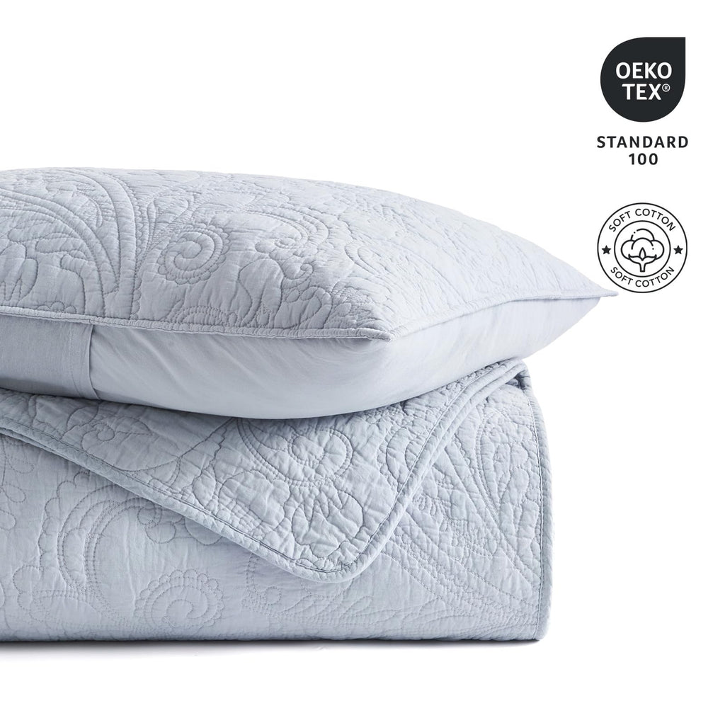 100% Cotton Paisley Quilt Set, King Size, Pearl Blue