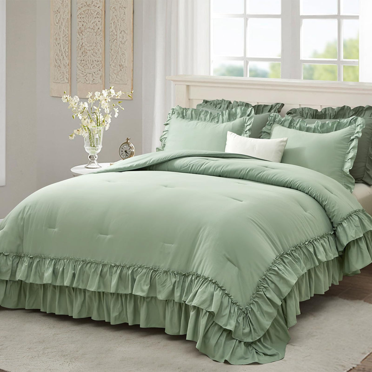 Comforter Set Sage Green, Lightweight Fluffy Farmhouse Ruffle Bedding Set, Soft Microfiber All Season