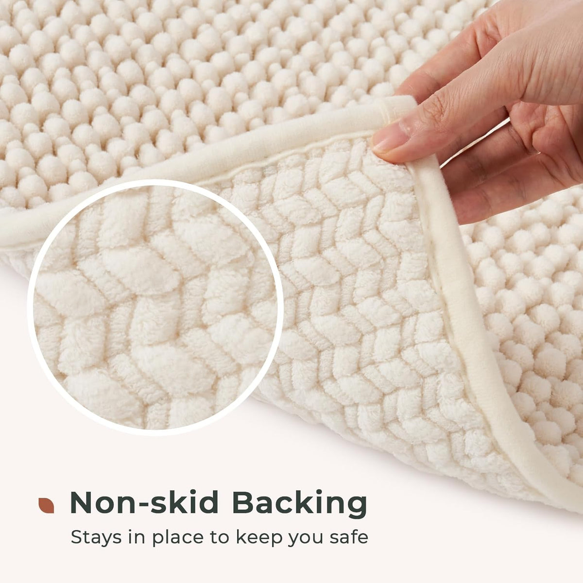 Chenille Bath Rugs Set 2 Pieces, Cream White, 17''x24''+20''x32'' | Non-Slip Bathroom Mats Set, Absorbent Fiber