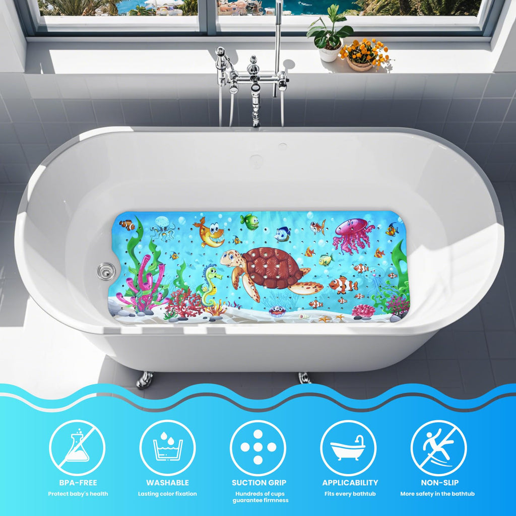 Baby Bath Tub Mat, 40 x 16 Inch Extra Large Non Slip Kids Cartoon Bathtub Shower Mats with Suction Cups & Drain