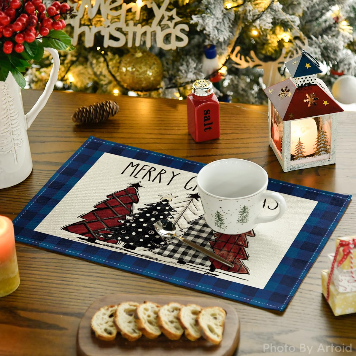 Blue Waterclor Buffalo Plaid Christmas Trees Placemats Set of 6, 12x18 Inch Winter Table Mats for Outdoor Home Party