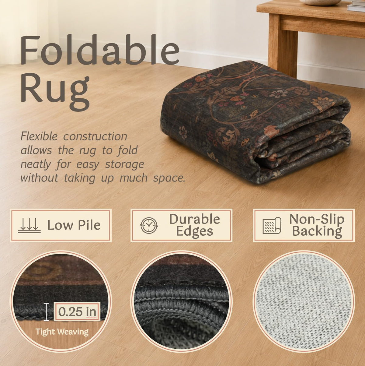 Rustic Brown Large Entry Way Area Rugs Indoor Washable - Non-Slip Low Pile Kitchen Floor Mats, Floral Botanical