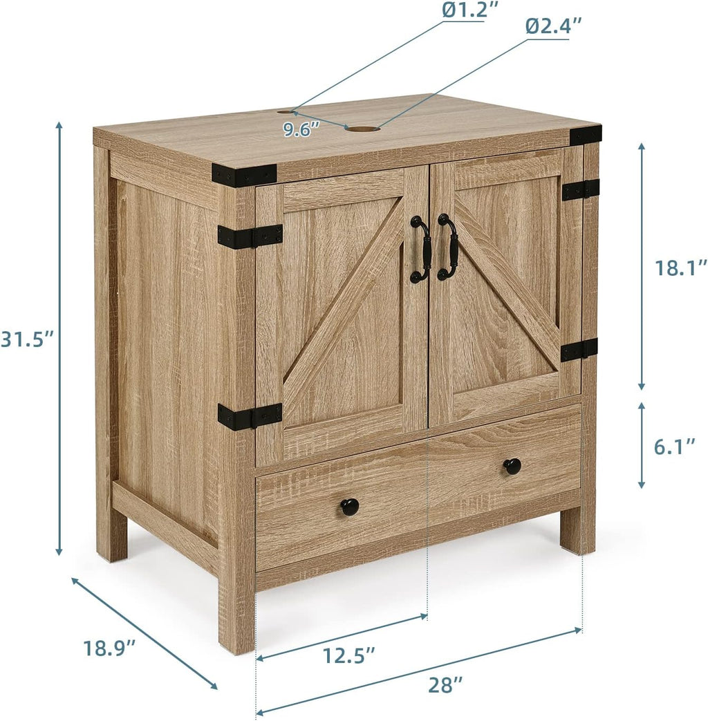 28 inch Natural Color Bathroom Vanity, Rustic Fixture Standing Pedestal Cabinet with Gold Boat Vessel Sink
