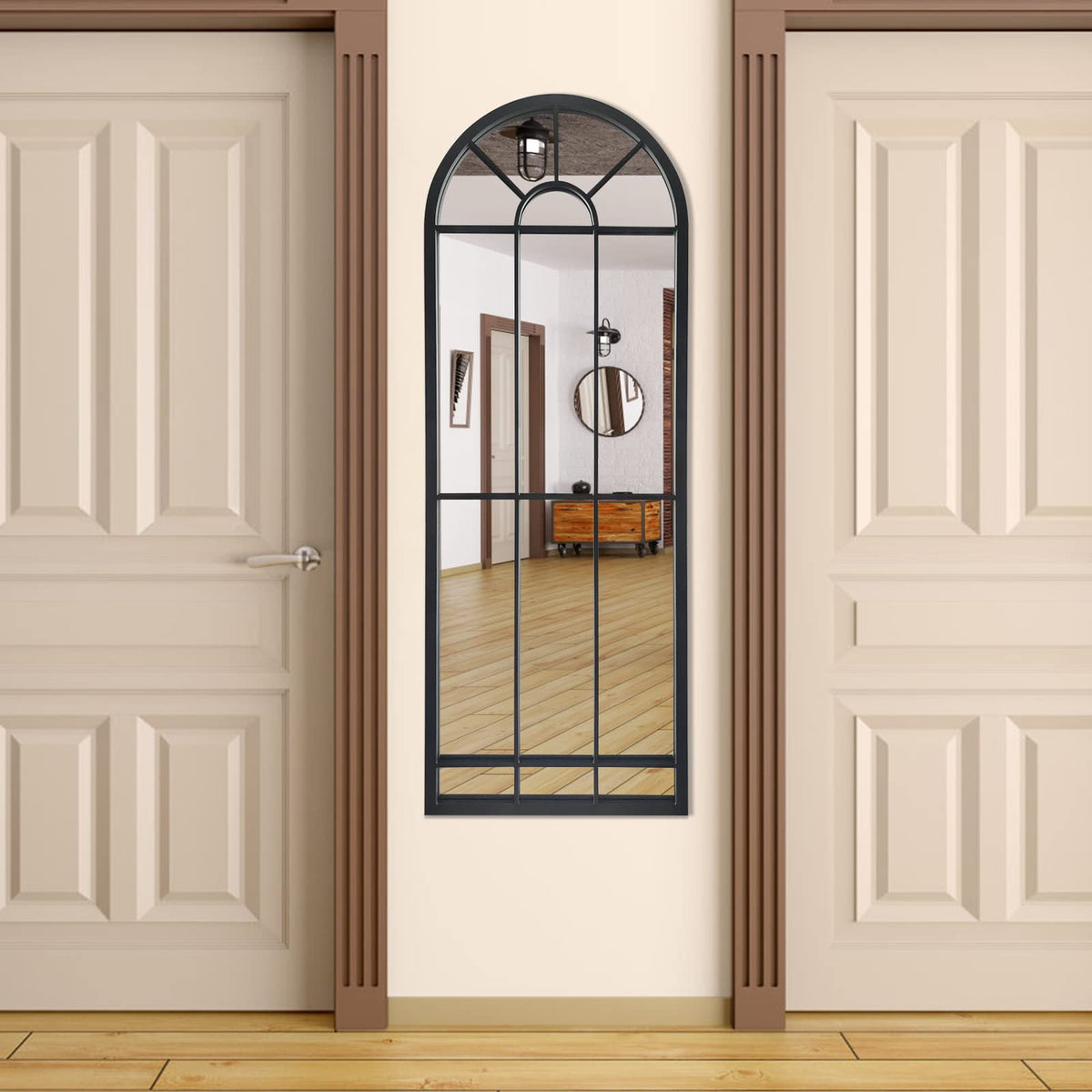 Wall Mirror Window Decorative Mirrors Arched Farmhouse Bedroom Entryway Bathroom Vanity (Black,47" x17" x1")