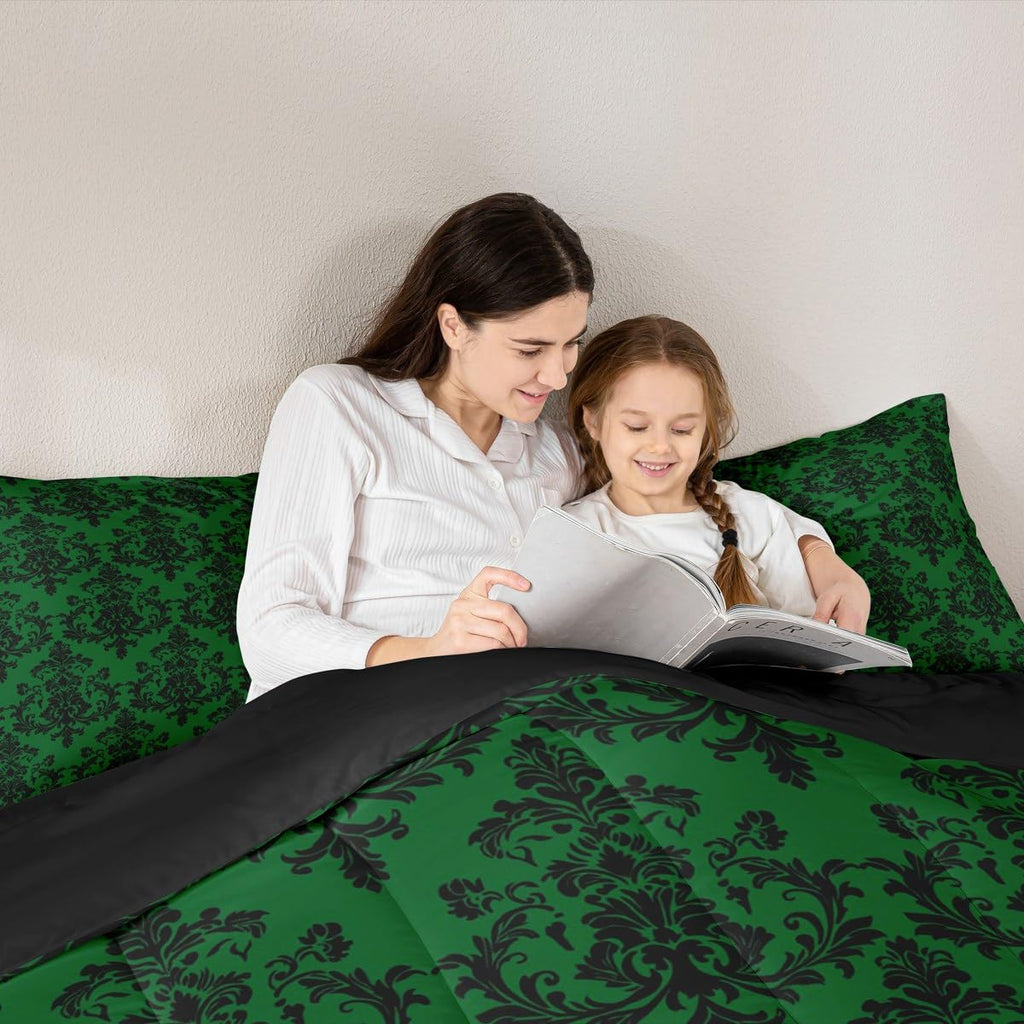 Green Black Damask Bedding Sets Full Size, Antique Victorian Baroque Boho Reversible Down Comforter Breathable