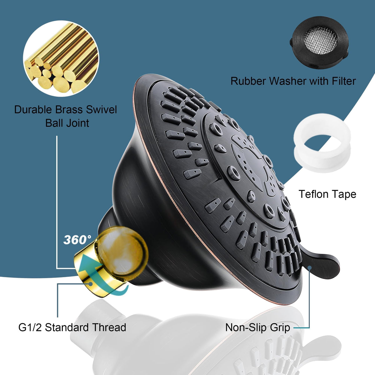 High Pressure Rain Shower Head, Fixed Shower Head with 5 Spray Settings, Adjustable Angle and Anti-Clog Nozzles, Oil