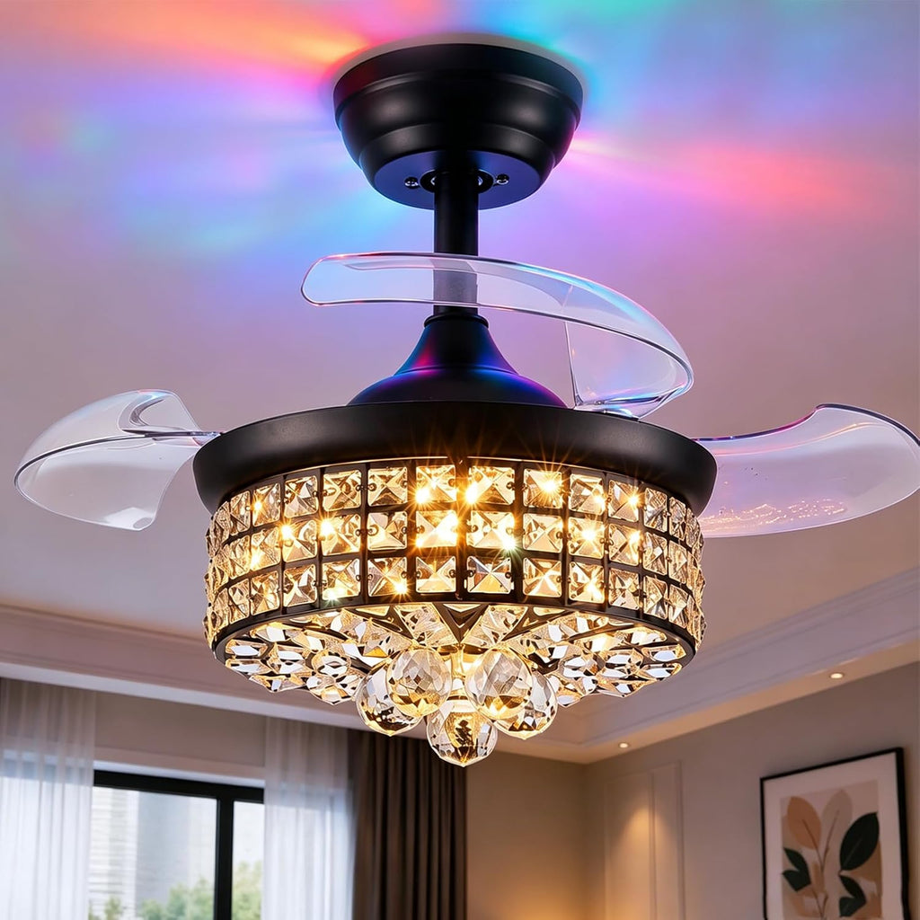 30" Black Crystal Retractable Ceiling Fan with Light