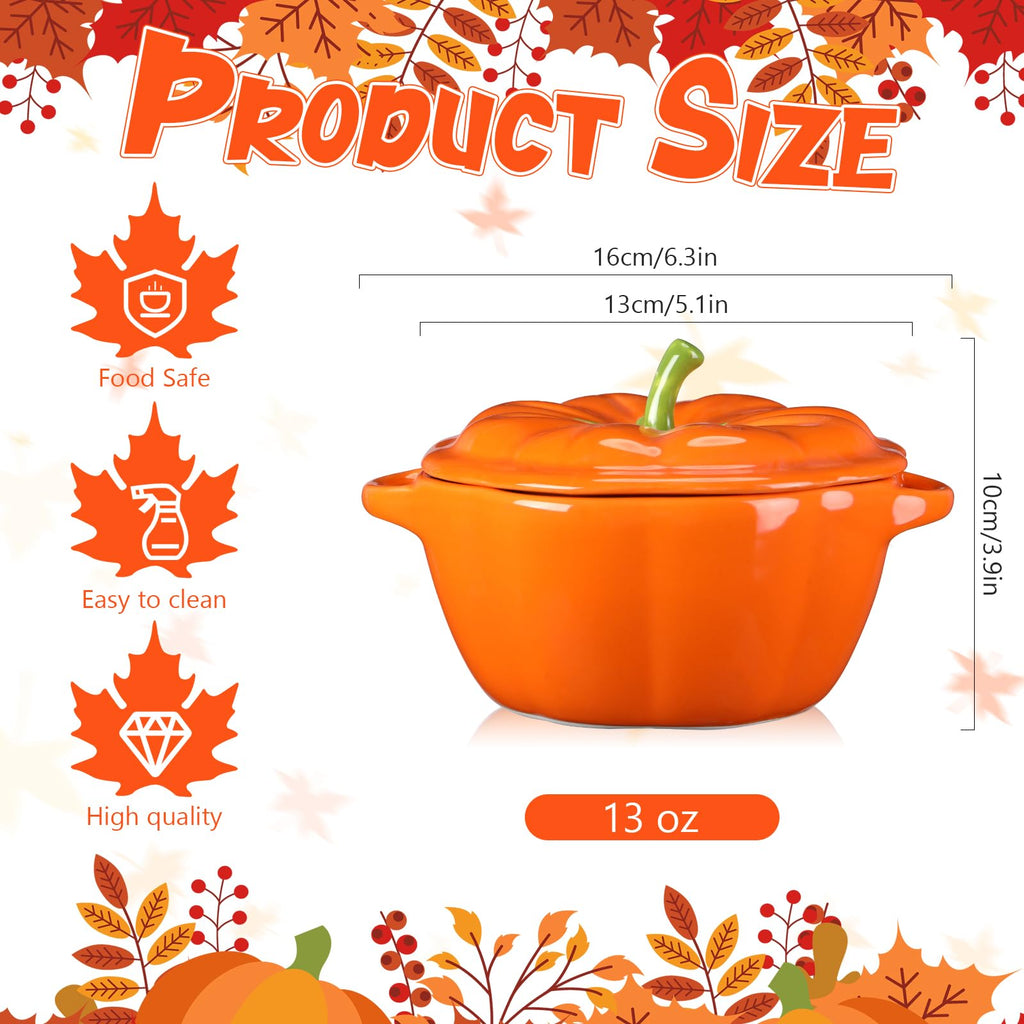 2 Pcs Ceramic Pumpkin Bowls with Lids, 13 oz Oven Safe Ramekins