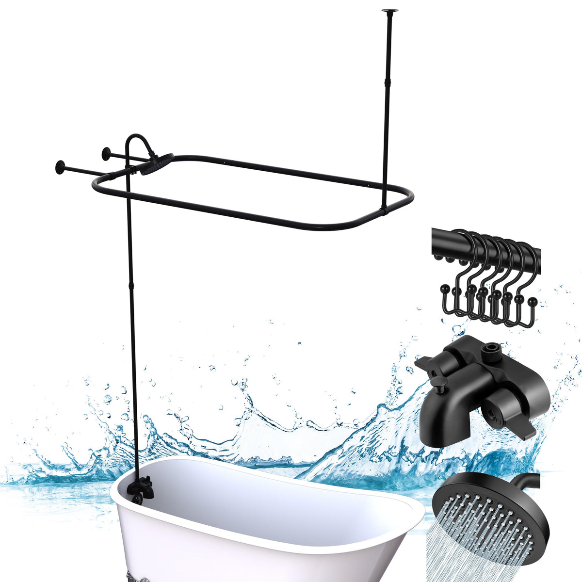 Clawfoot Tub Shower Kit,with Add On Bathcock Diverter Faucet and 48 Inch x 27 Inch Rectangular Rod Kit,Claw Foot Tub
