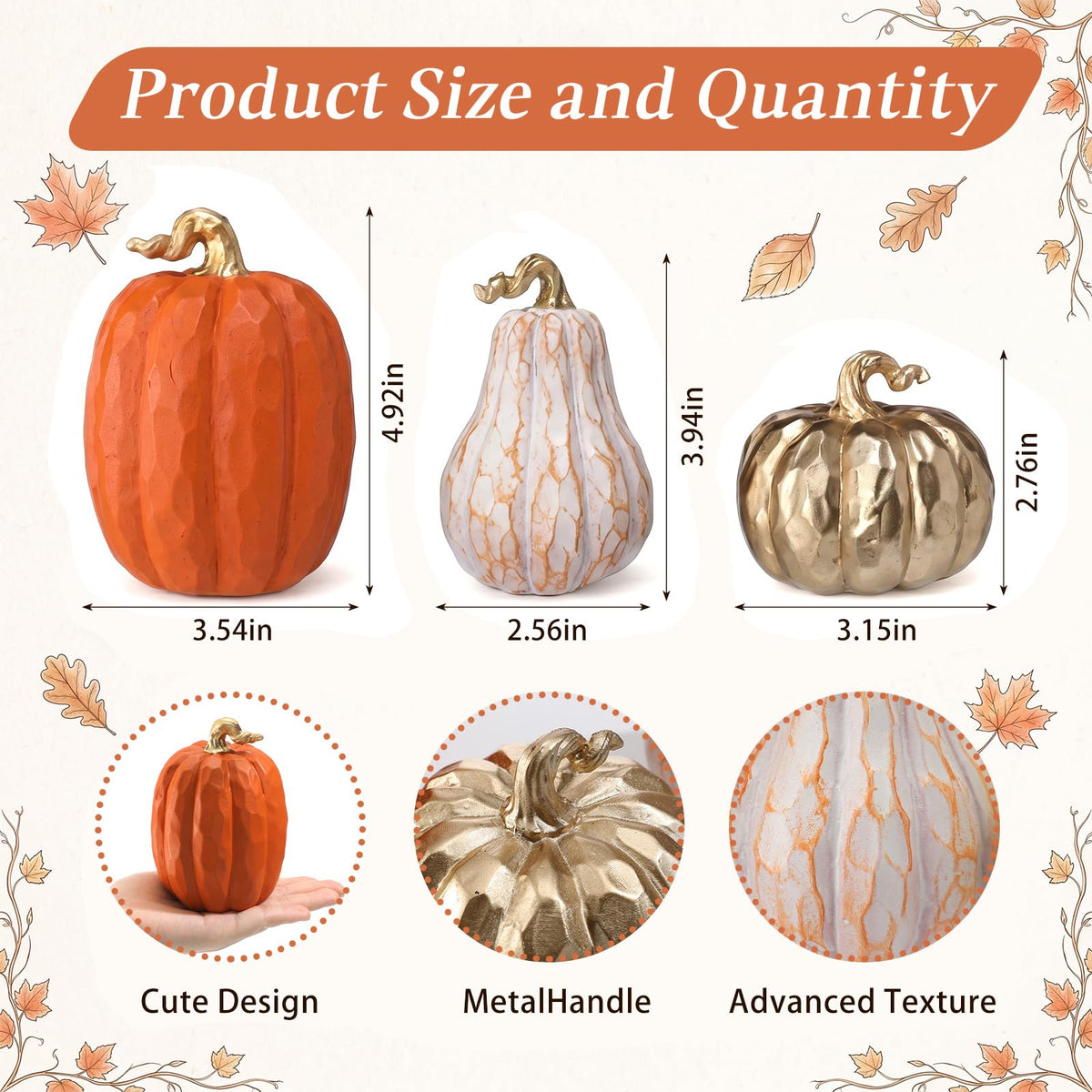3 Pack Fall Pumpkin Decor White and Gold Resin Pumpkin Statues