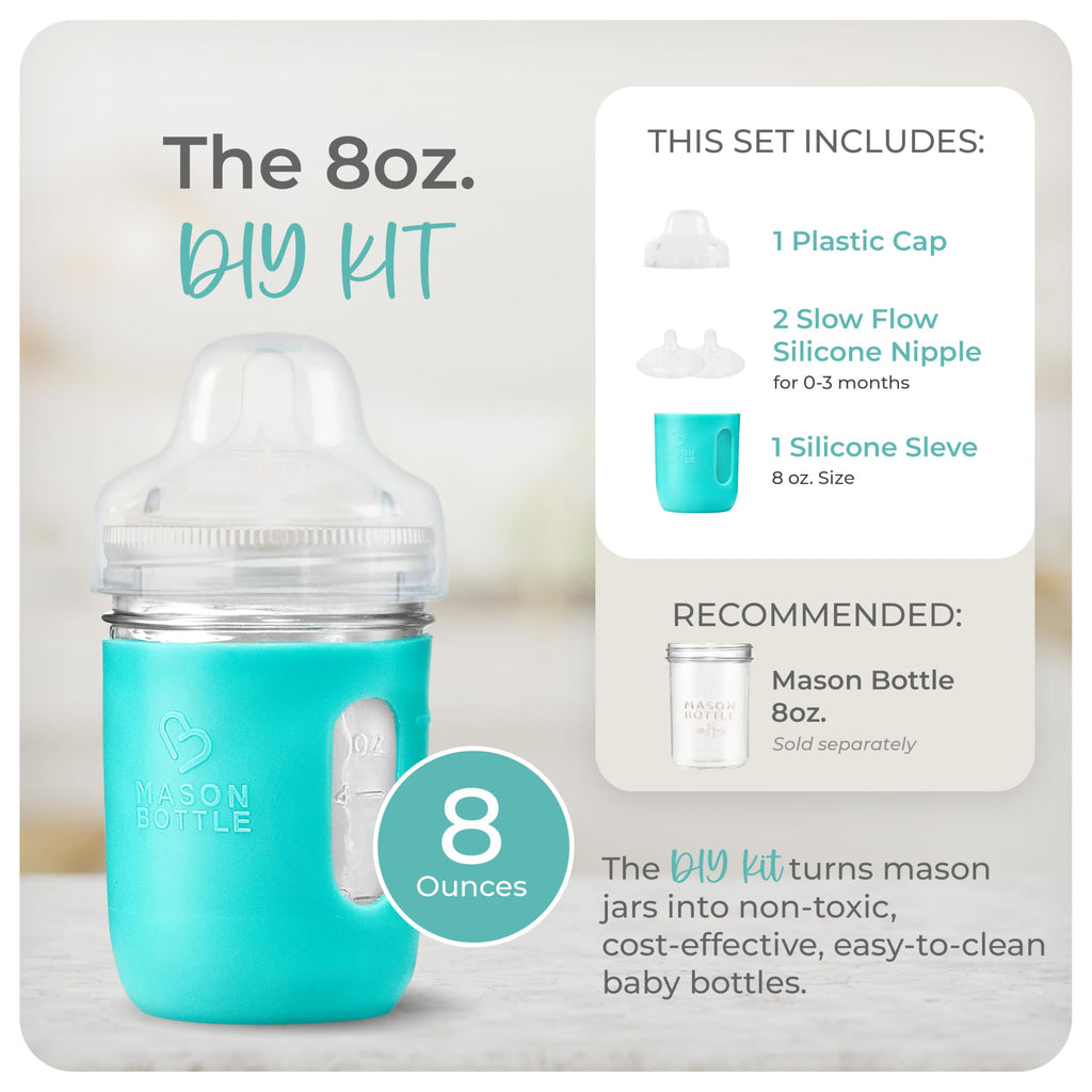 Glass Baby Bottle DIY Kit - Fits 8oz Mason Jars - Includes 2X Slow Flow Nipples, Silicone Sleeve, and Cap (Ring, Lid