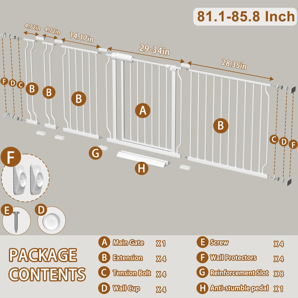 81.1-85.8 Inch Extra Wide Baby Gates for Doorways Auto-Close