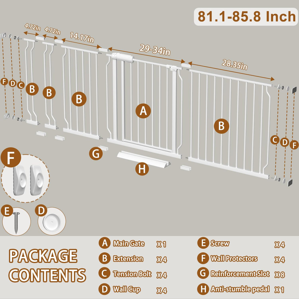 81.1-85.8 Inch Extra Wide Baby Gates for Doorways Auto-Close