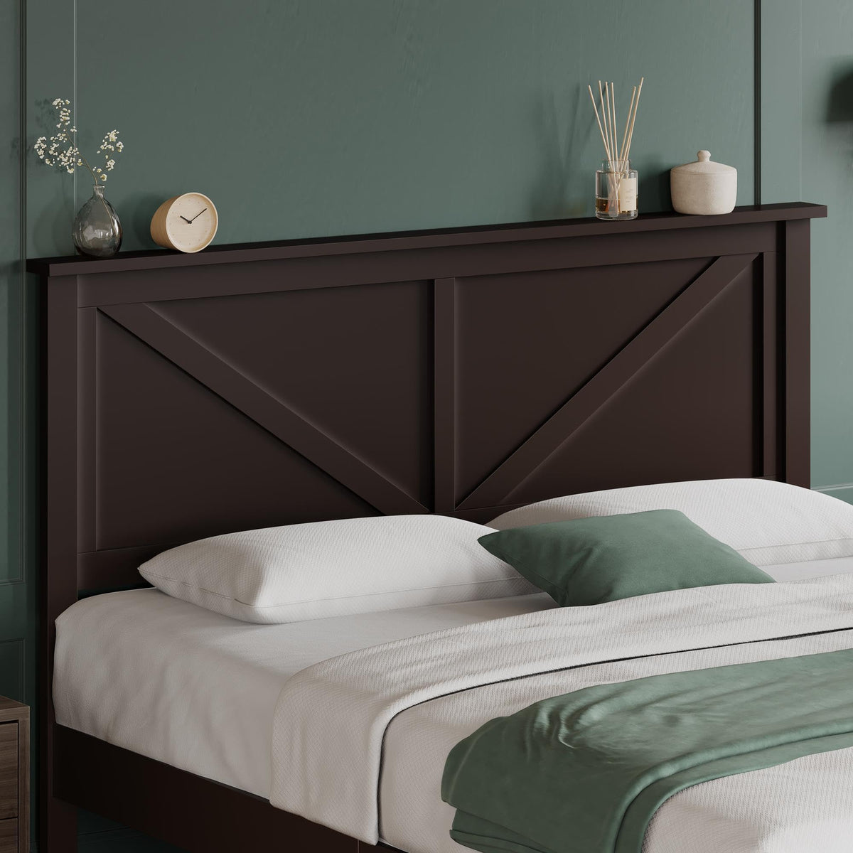 Platform Wood Bed Frame, Farmhouse Headboard, Espresso