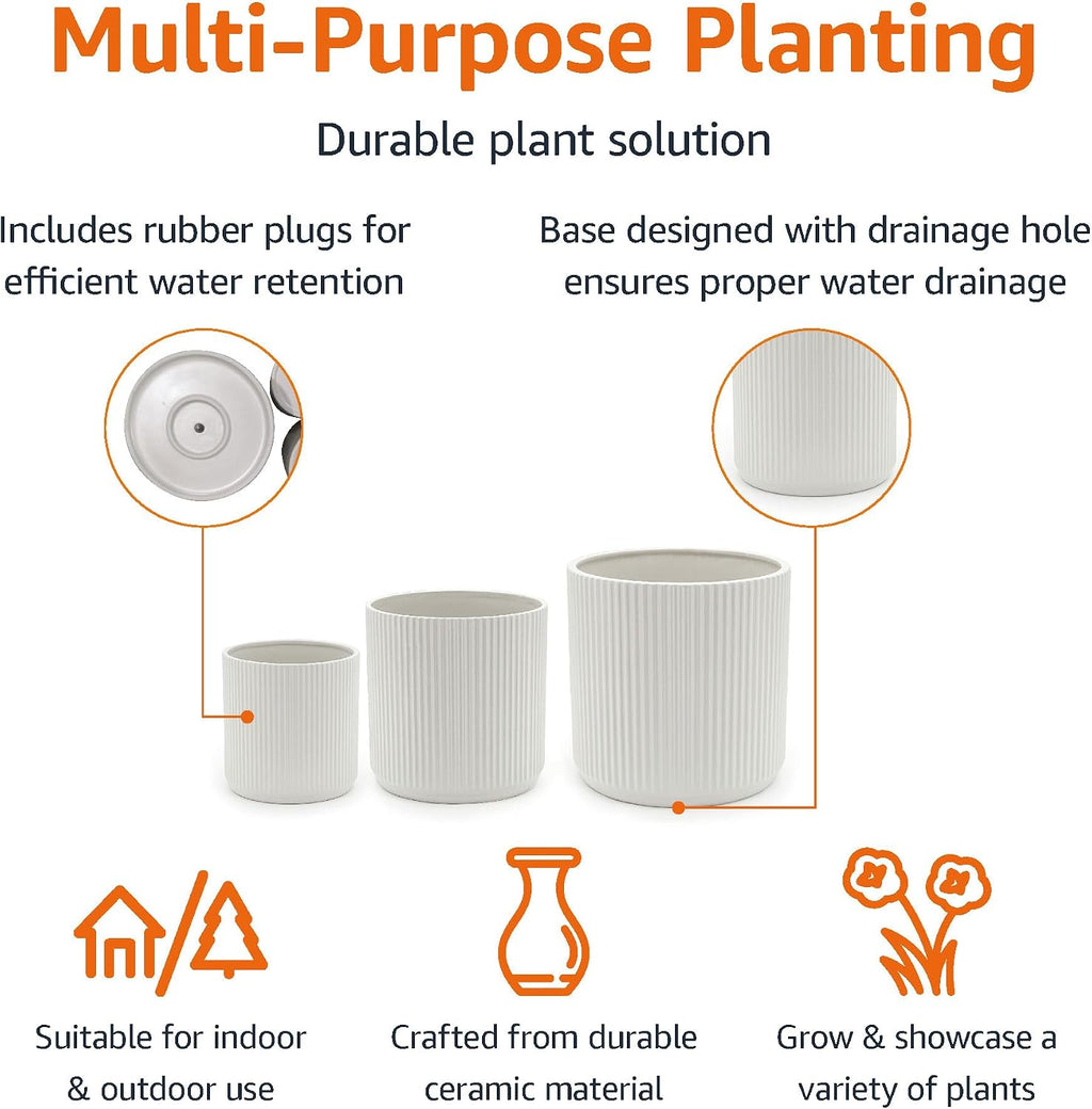 Fluted Ceramic Planters for Indoor Outdoor Plants, Round Flower Pots with Drainage Hole, Set of 3, 6 inch, 8 inch, 10