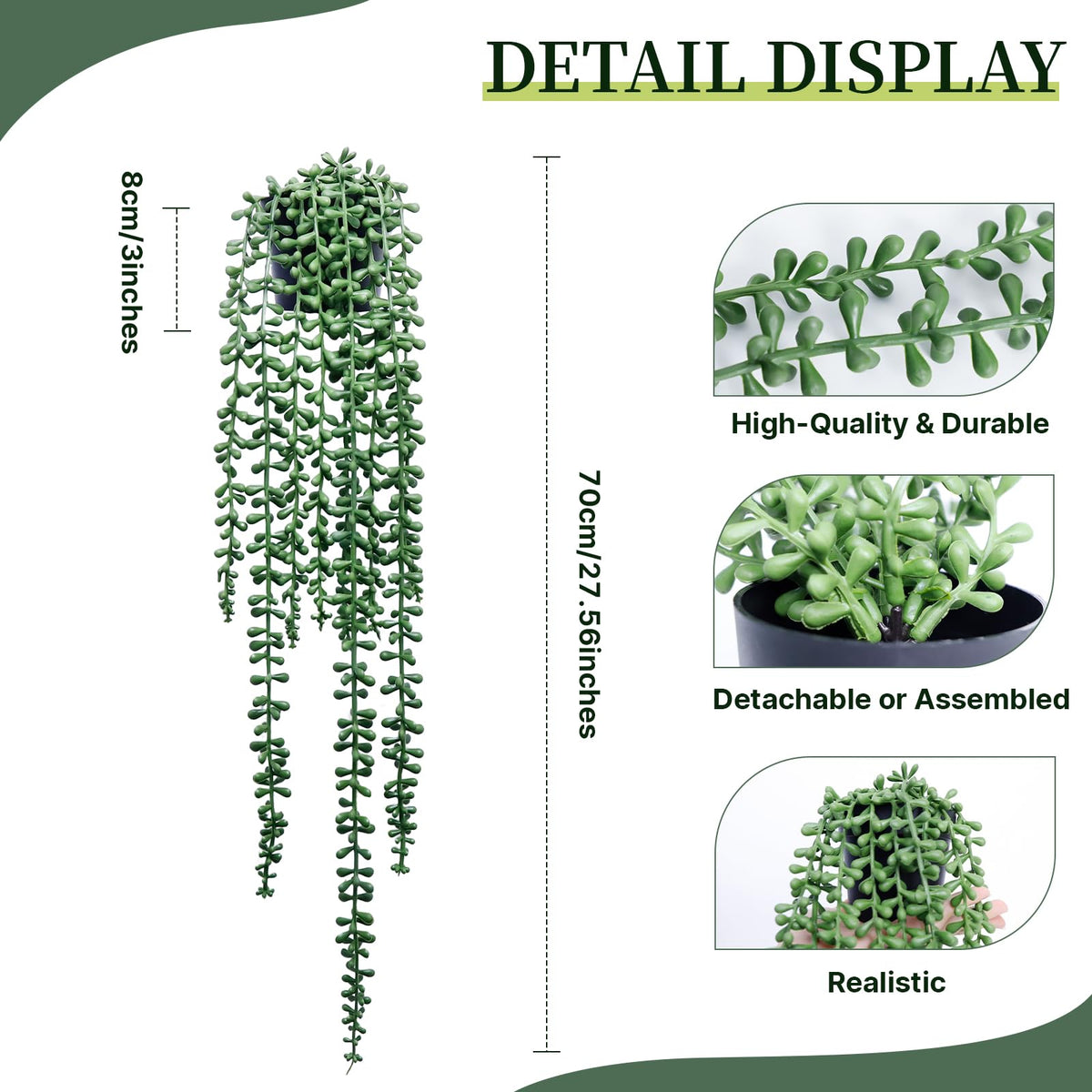 Artificial Hanging Plants for Shelf, 2-Pack Fake Potted Greenery Faux String of Pearls in Black Pot, Décor Living