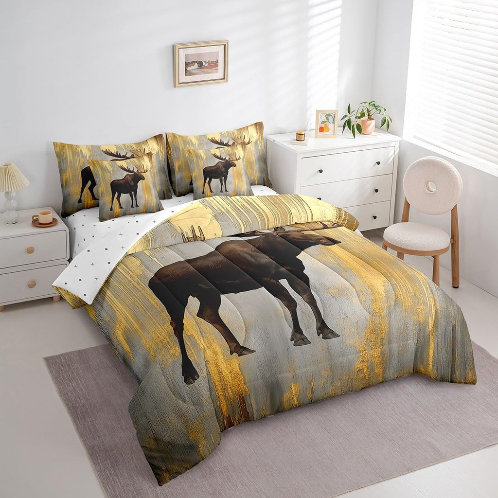 7 Piece Moose Comforter Set Rustic Woodland Wildlife Bedding Set Country Farmhouse Deer Bed in a Bag Old Golden