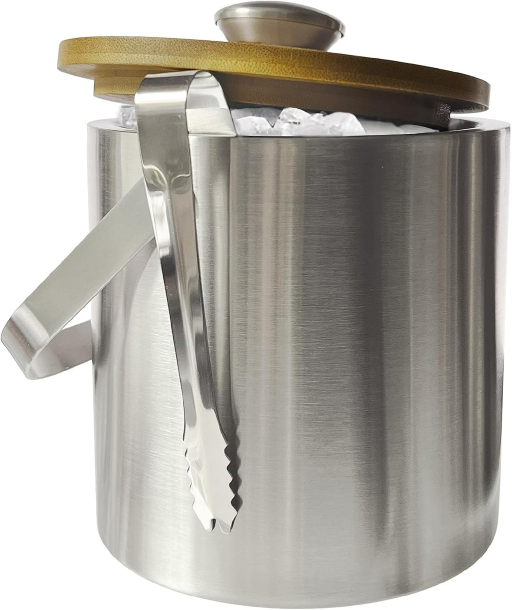 Double Wall Insulated Small Ice Bucket with Bamboo Lid - Stainless Steel Ice Holder with Tongs and Strainer