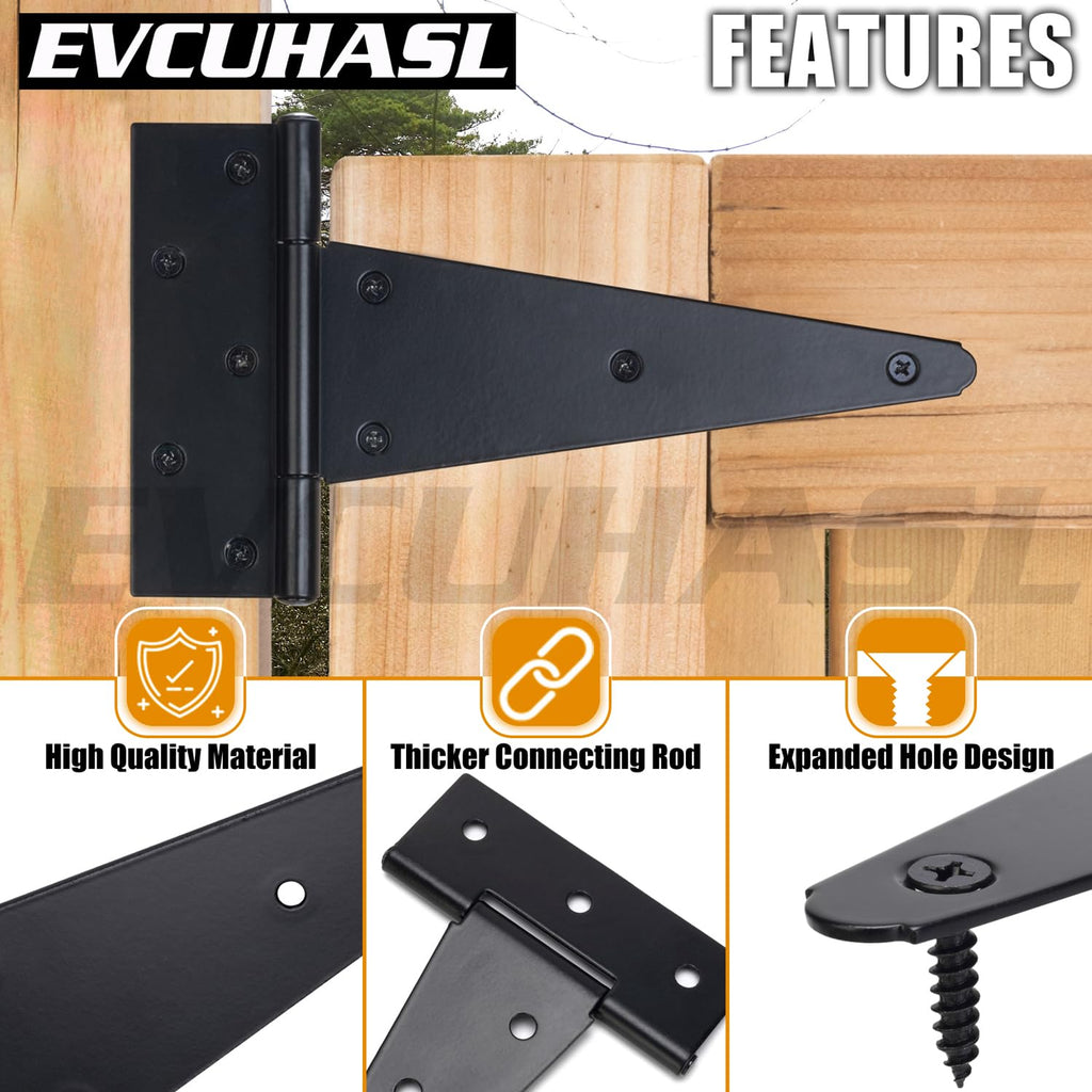 12 Inch T-Strap Gate Hinges, Shed Barn Door Hinges Heavy Duty, Black Tee Hinges for Wooden Fences, Yard Gate, Wrought
