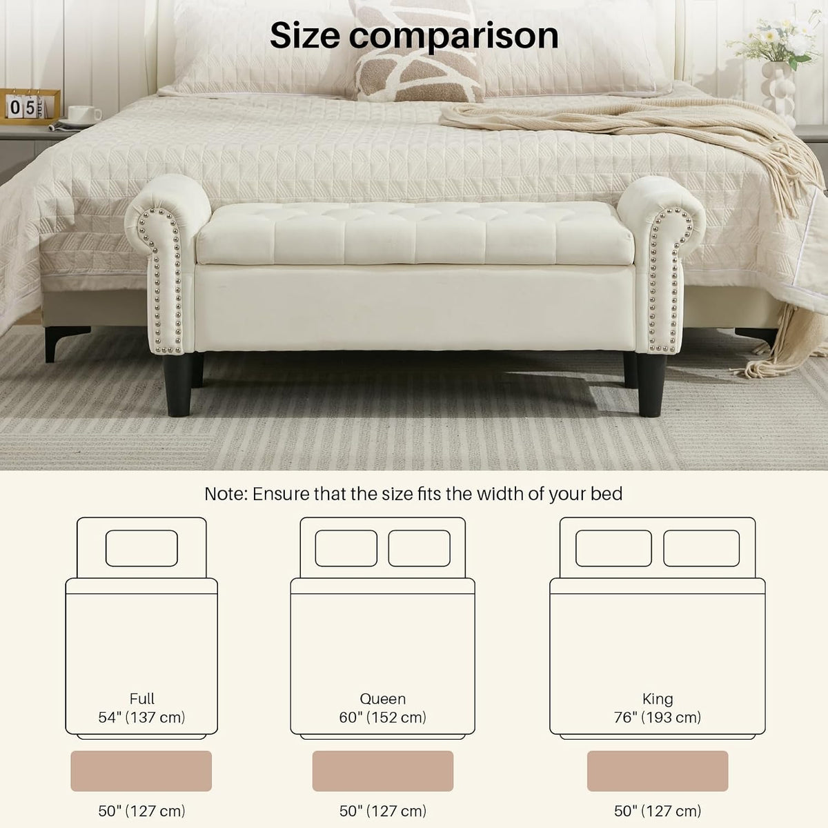 50" Storage Bench , Velvet Upholstered, Beige | End of Bedroom Bed Bench Ottoman with Tufted Cushioned Rolled Arm