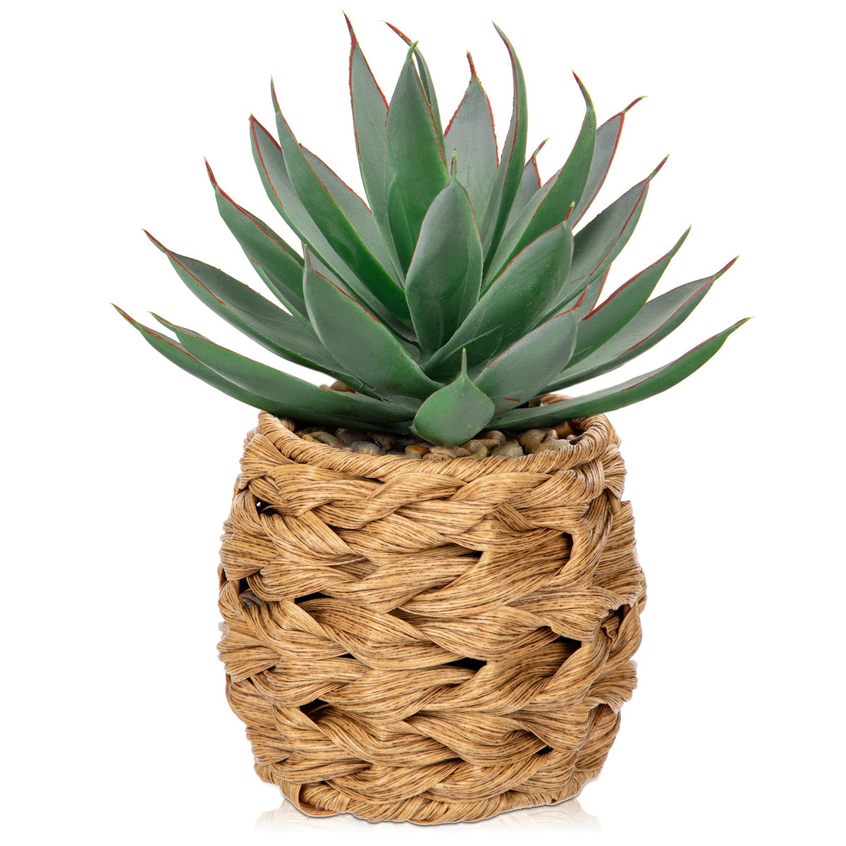 Succulents Plants Artificial Decor, Realistic Potted Fake Agave Plant in Wicker Basket, Cute Aloe Maguey Faux Plant