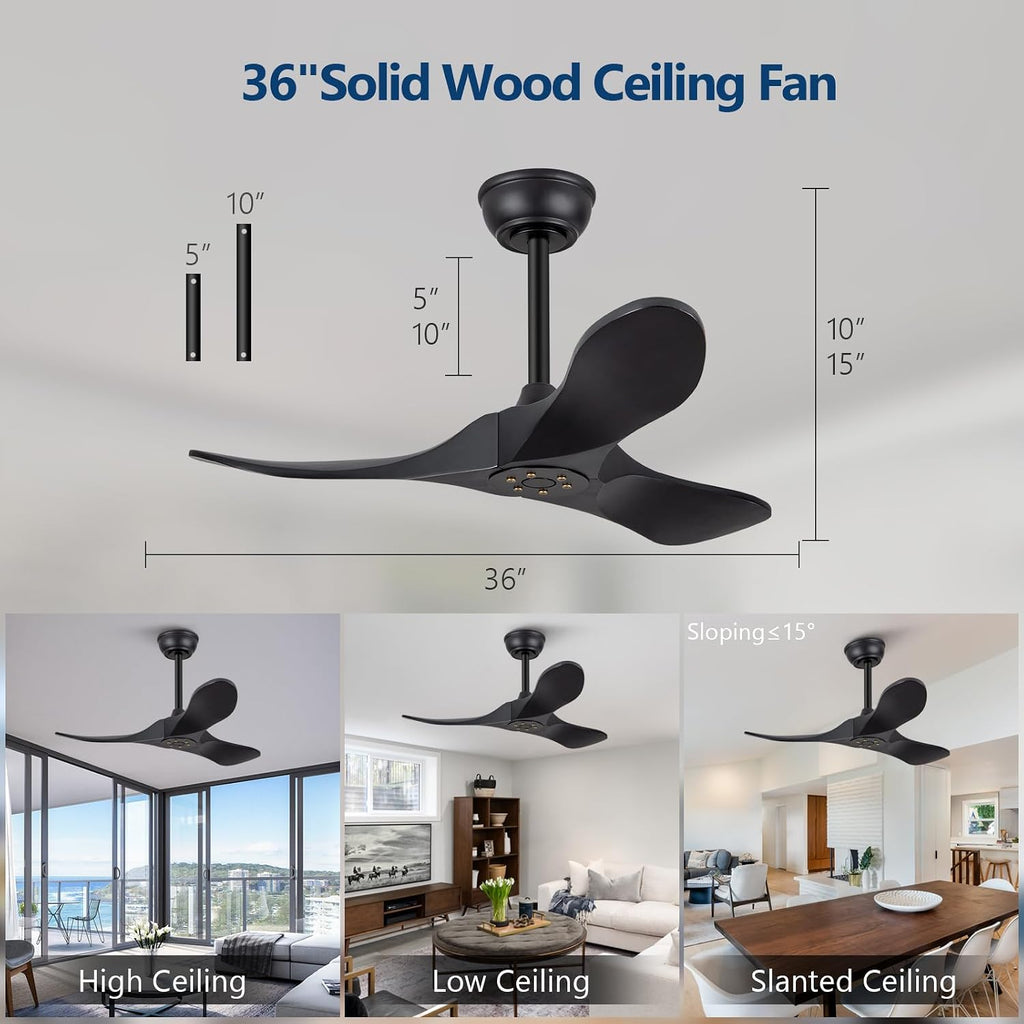 36" Black Ceiling Fan with Remote, No Light