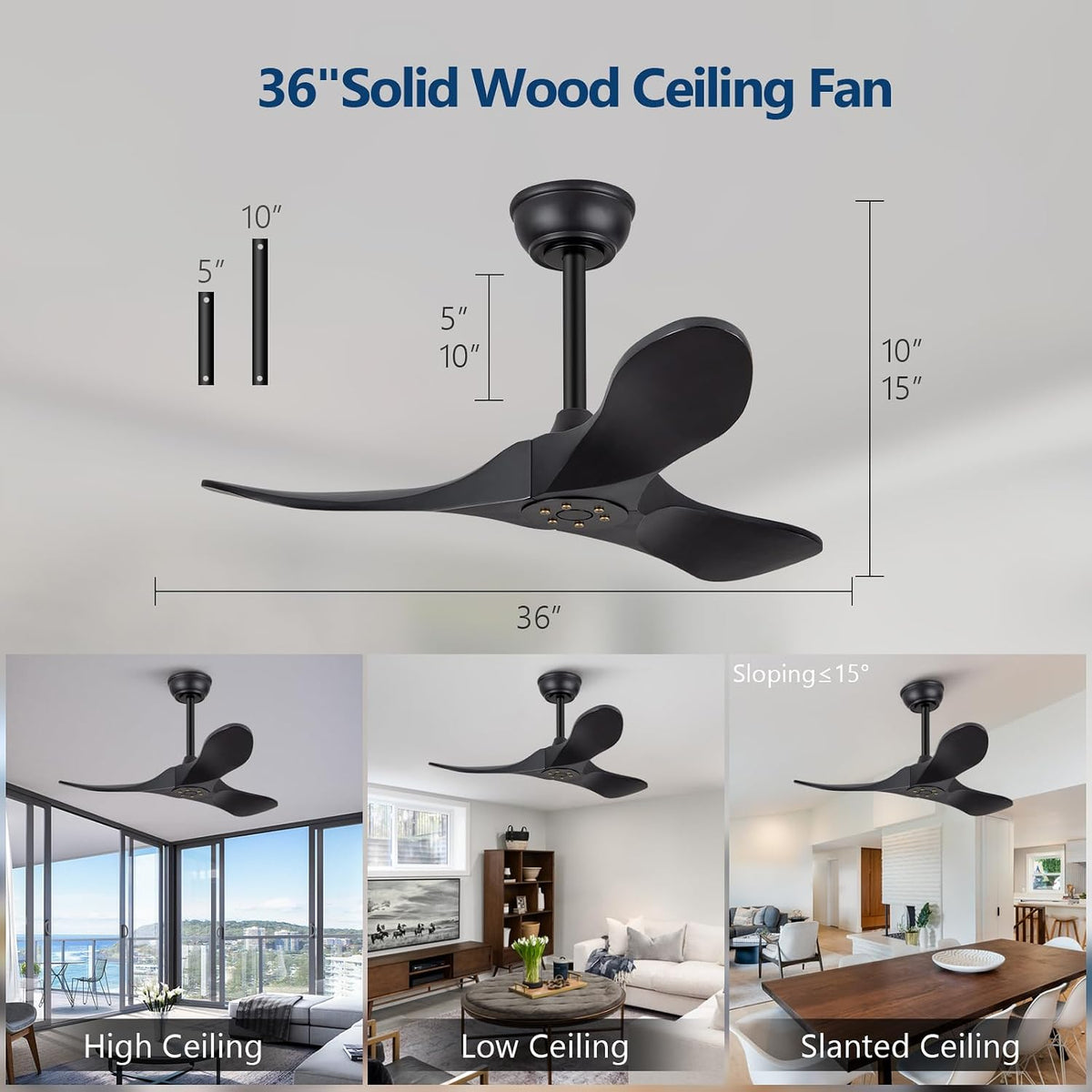 Inspired Maverick Style 36 Inch Solid Wood Black Ceiling Fan with Remote,Ceiling Fan no Light,6 Speeds,Noiseless,Reversible DC Motor,Modern Ceiling Fans without Lights for Bedroom Farmhouse Kids Room